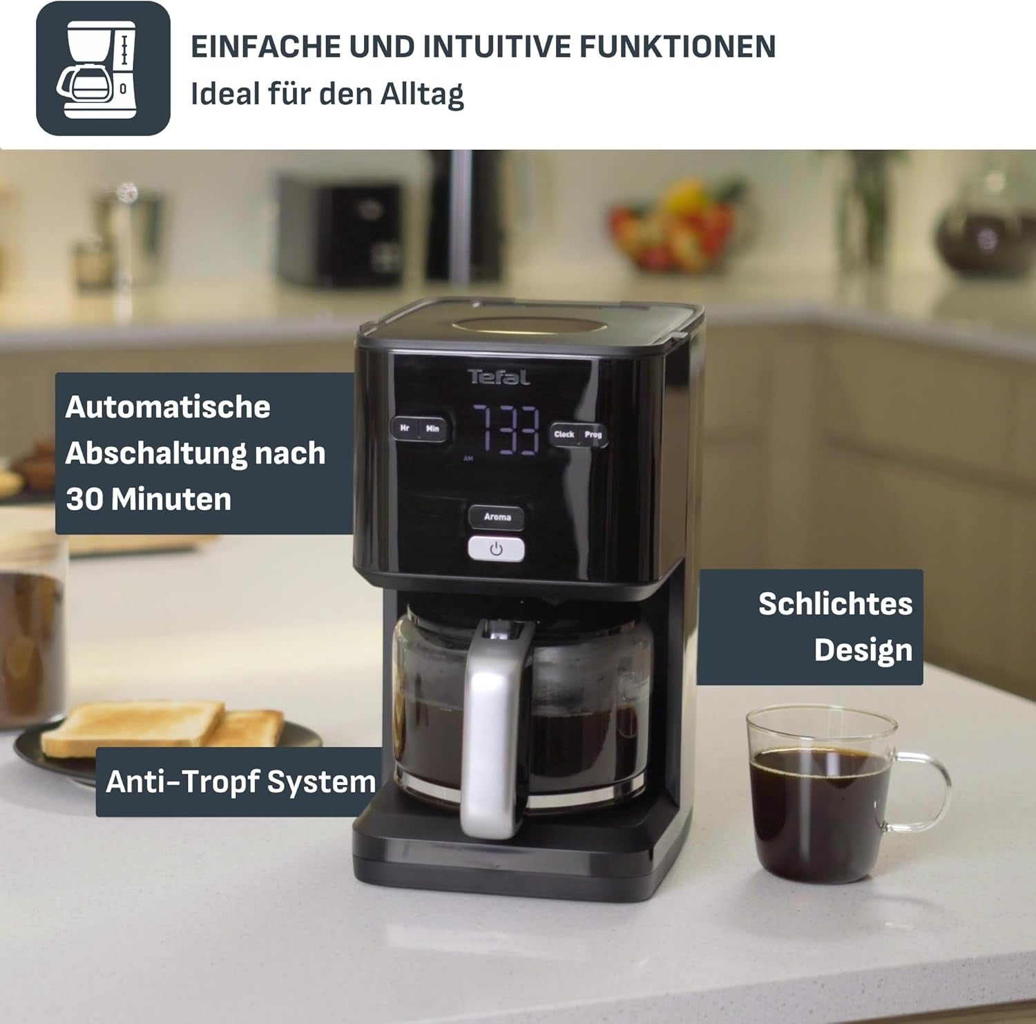 Tefal Smart'n Light Cafetera Espresso con Temporizador, Cafetera Espresso con Filtro Programable 1,25 L, Función Aroma para Aroma Intenso, Función Mantener Caliente, Antigoteo y Fácil de Limpiar, Negra