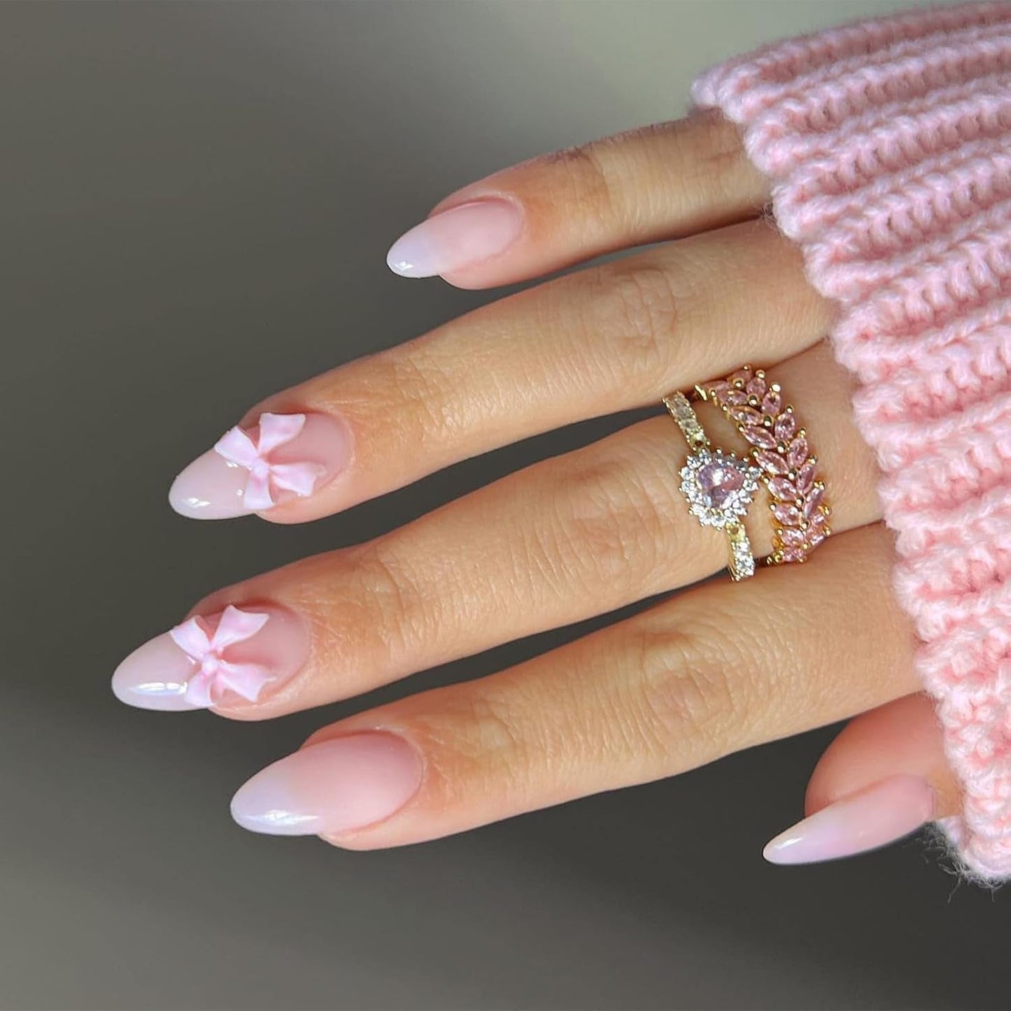 24 Uds. Prensa de almendra blanca sobre uñas francesas con lazos perlas uñas postizas pegamento en puntas de uñas postizas uñas con brillo