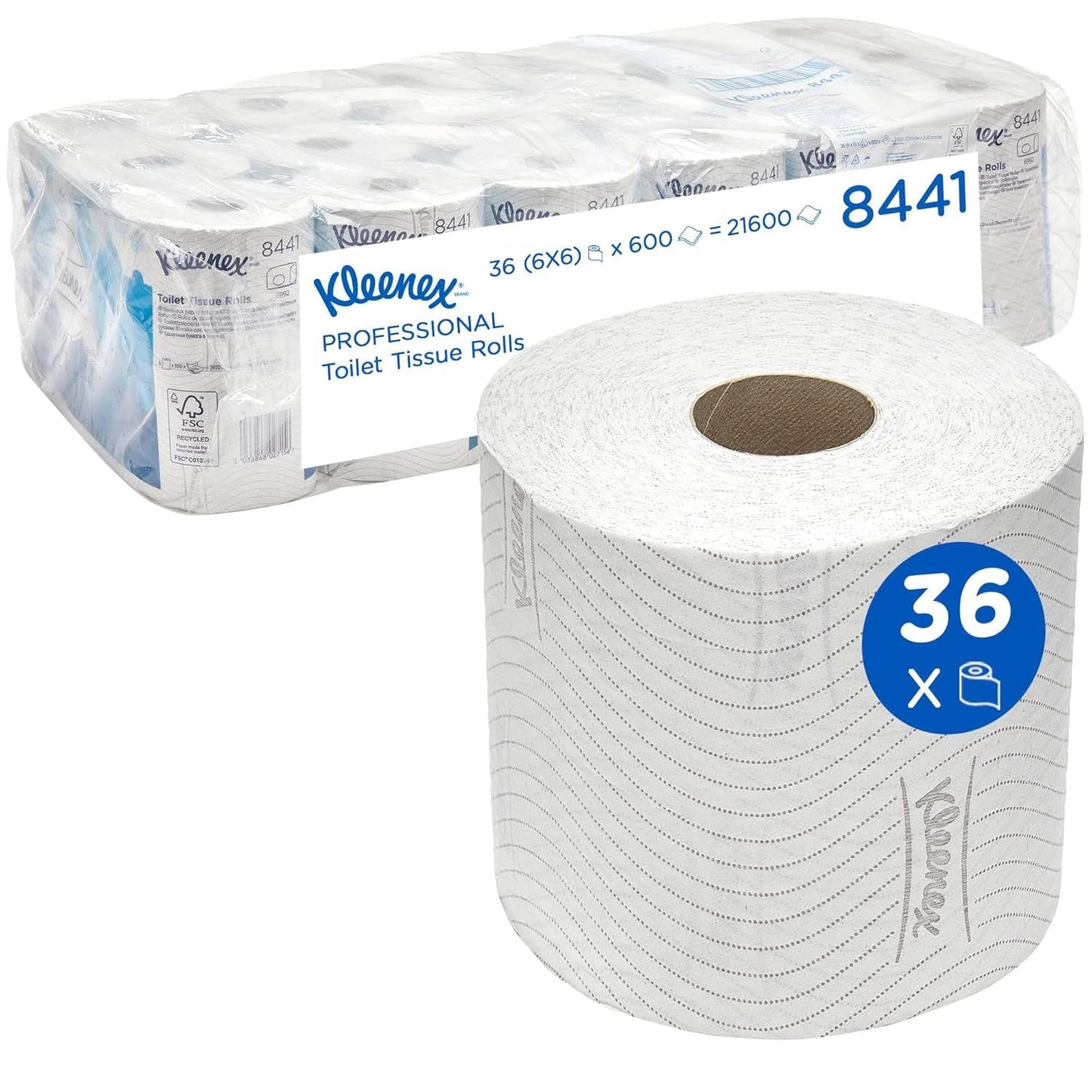 Kleenex Standard Roll 8441 Papel higiénico - Papel higiénico de 2 capas - 6 paquetes de 6 rollos x 600 hojas cada uno, blanco (36 rollos/21,600 hojas en total)