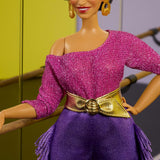 Muñeca Barbie Signature Debbie Allen Tribute Collection con top con hombros descubiertos, cinturón dorado y pantalones y leggings con flecos morados, JBJ24