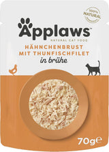 Applaws Nassfutter 100% natural para Katzen, Hühnerbrust mit Tunfischfilet in Brühe - Paquete con 12 bolsas de 70 g