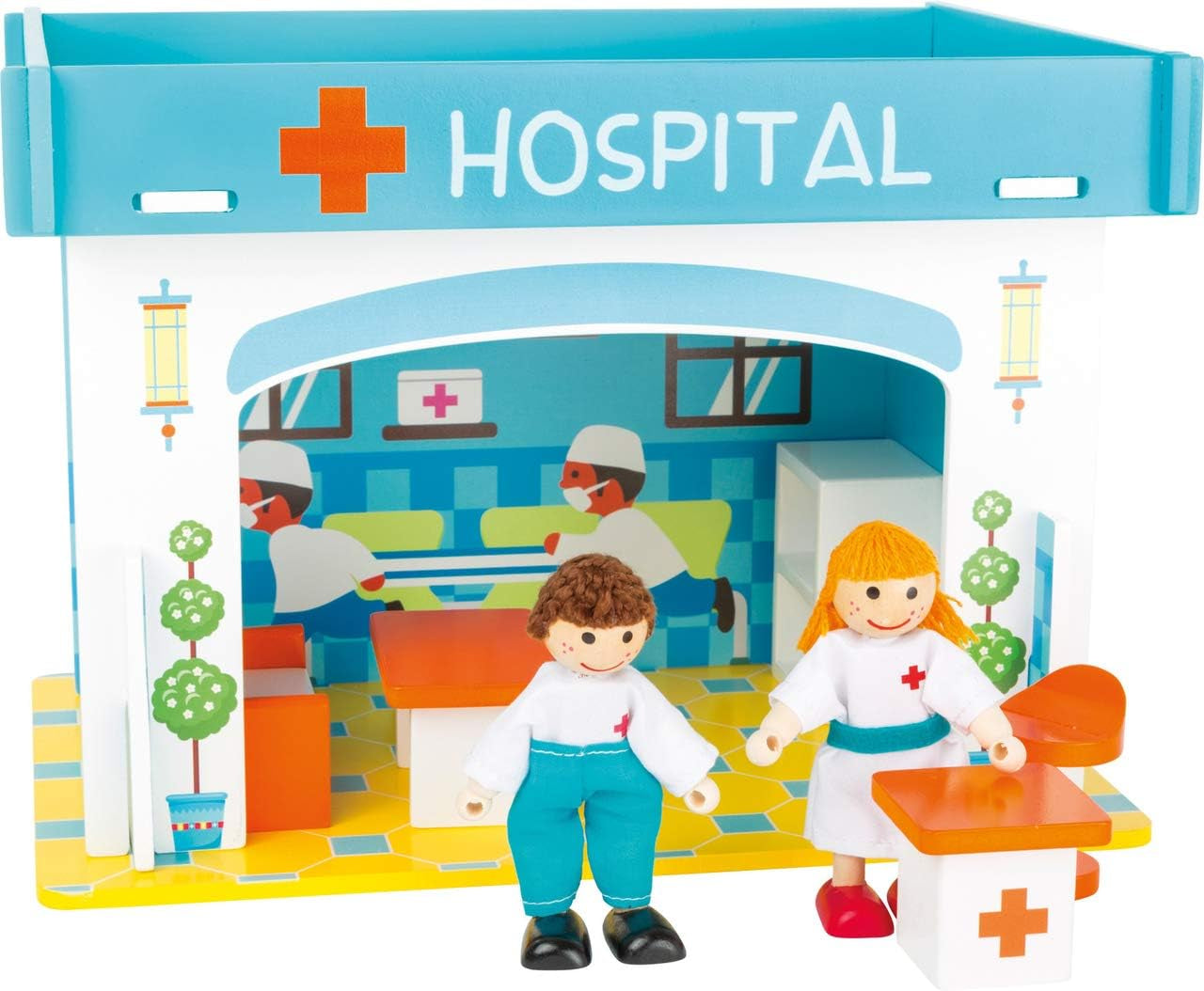 Small Foot 10852 Casa de Juegos Restaurante Fabricada en madera, Con 2 figuras de muñecos, accesorios y techo desmontable, A partir de 3 años Casas de Muñecas Naty Shop Hospital
