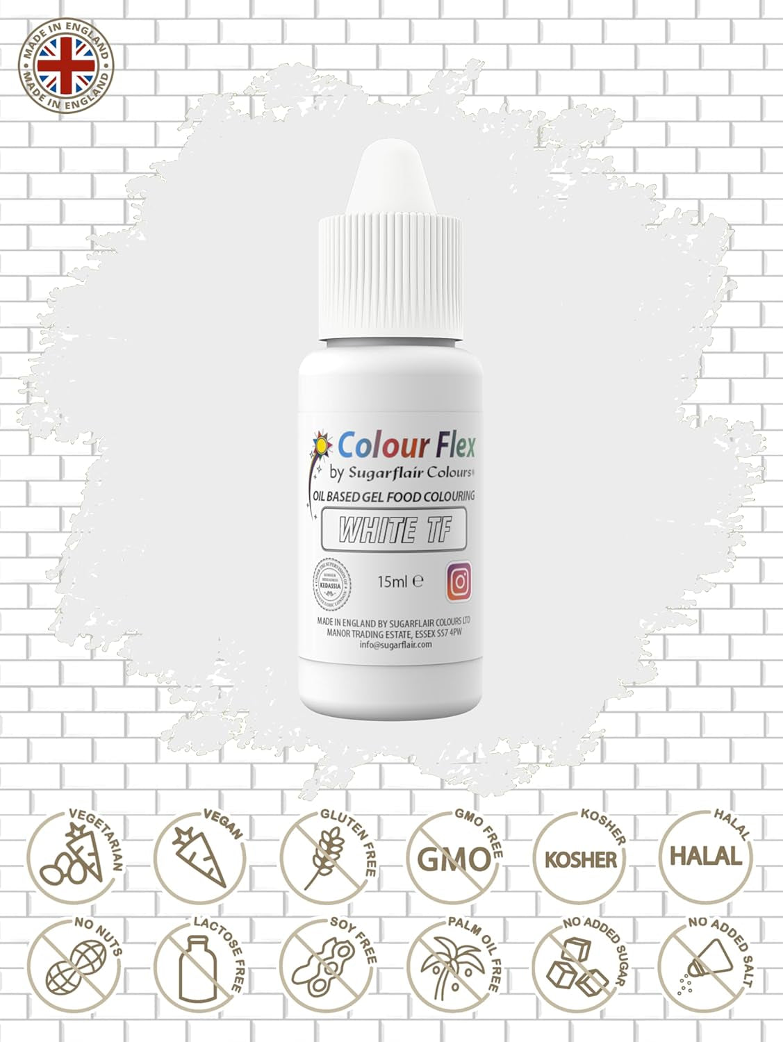 Sugarflair Colourflex Color alimentario a base de aceite blanco, colorante alimentario líquido altamente concentrado, colorante alimentario para crema de mantequilla, chocolate, masa, fondant, glaseado y más - 15 ml