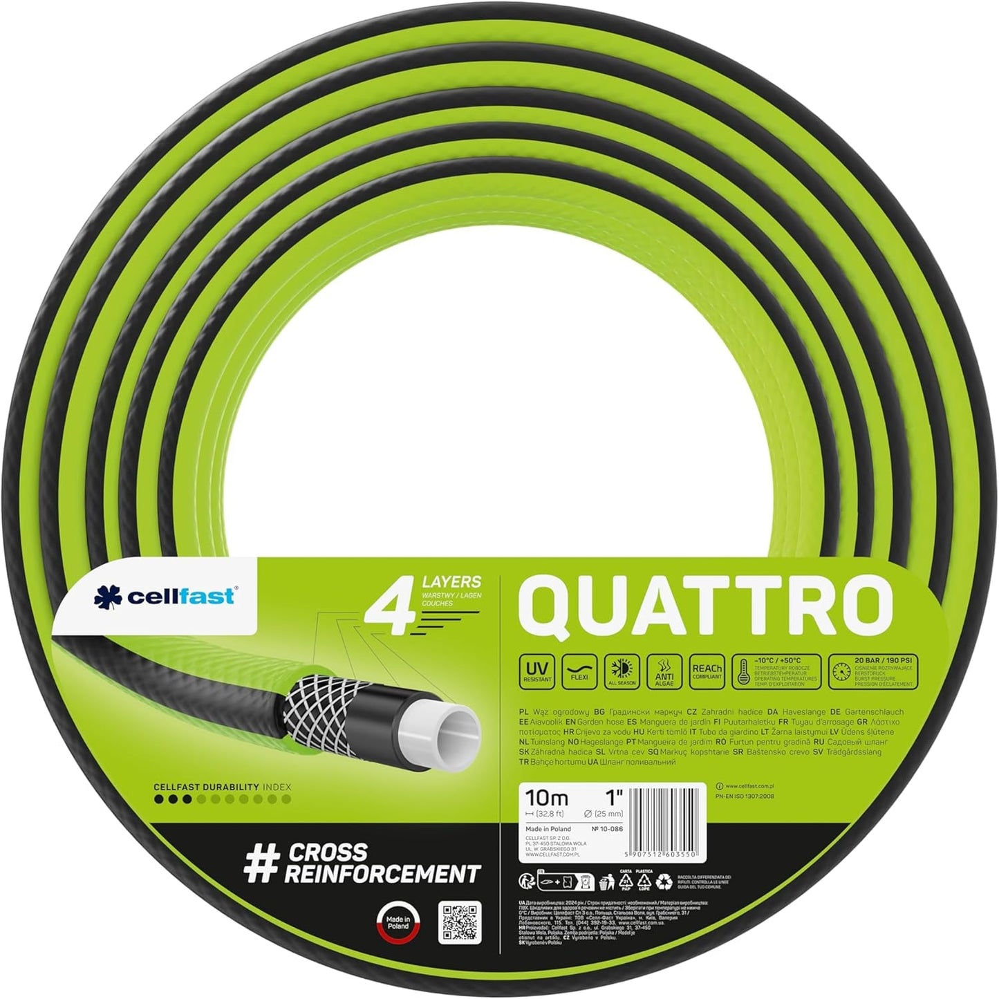 Cellfast QUATTRO Manguera de jardín Durable Liviana 4 capas Manguera de alambre resistente a los rayos UV Trenza cruzada 20 bar 3/4" 15 m 10-074
