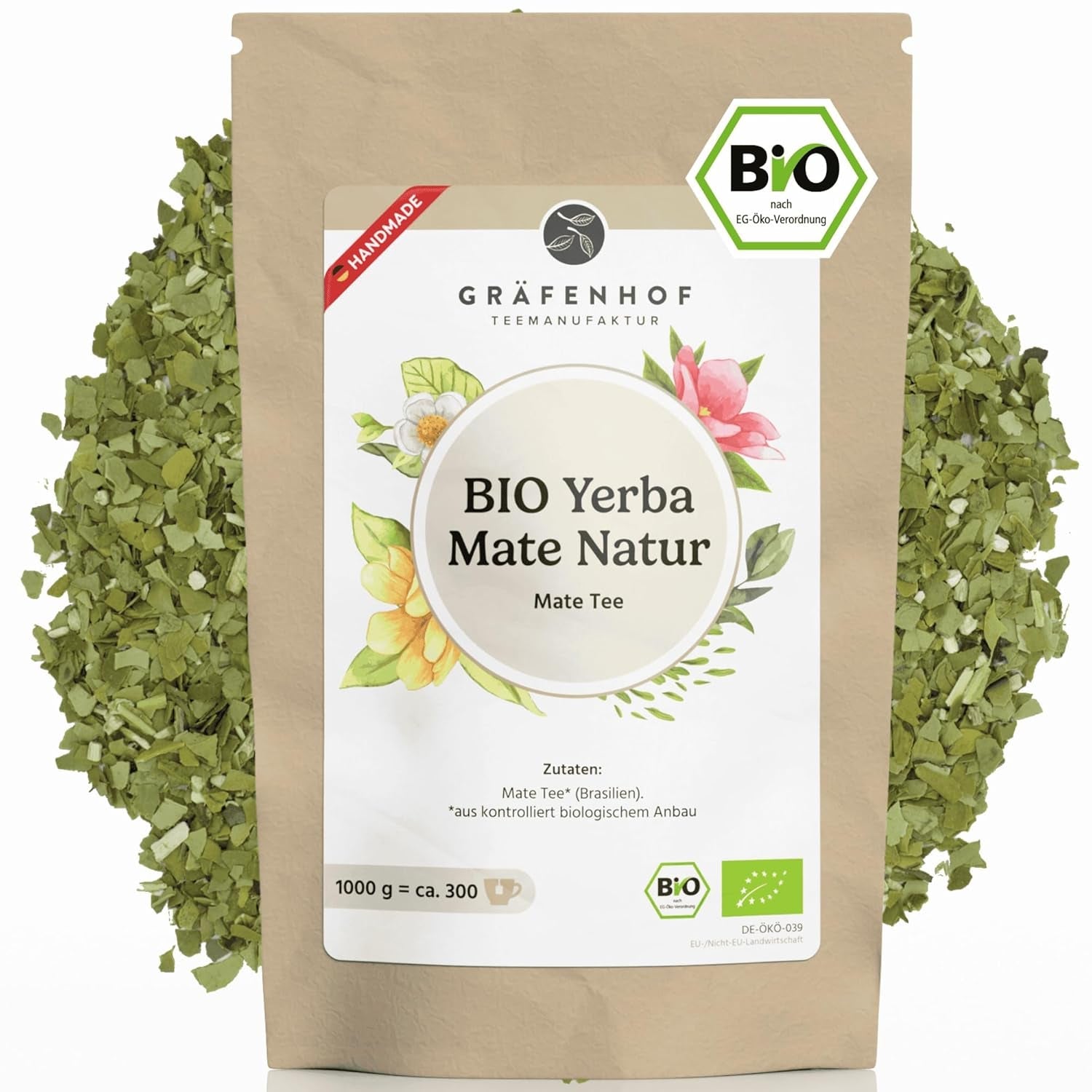 Té de yerba mate orgánico El original 1 kg de té de mate suelto alto en cafeína Sin tostar Hojas de mate secadas al aire probadas en laboratorio Envasadas en Alemania Calidad premium Gräfenhof