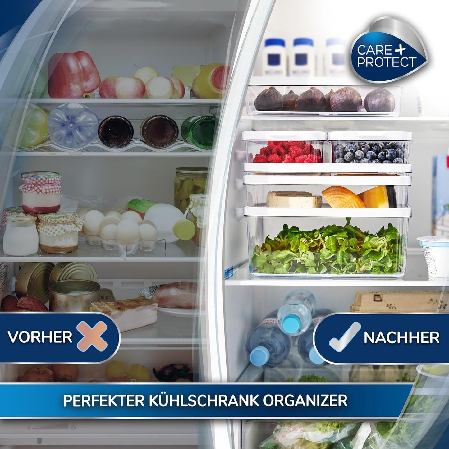 CARE + PROTECT Contenedor de alimentos inteligente, perfectamente apilable, organizador frigorífico, protege los alimentos de la humedad, mantiene los alimentos frescos por más tiempo, 2,15 l Cajas de conservación de alimentos Naty Shop