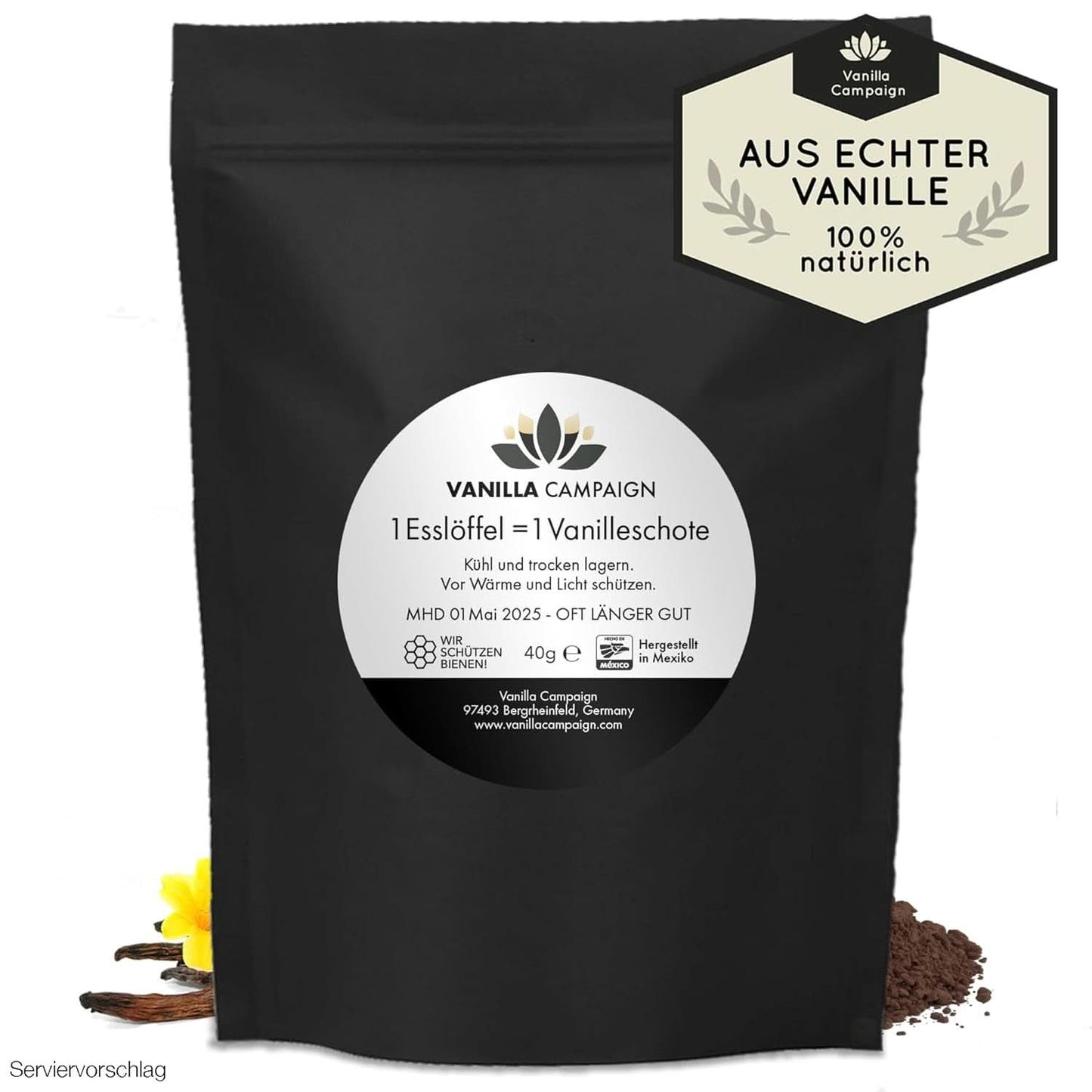 Vainilla en polvo premium de auténticas vainas de vainilla, natural, sin azúcar, sin aditivos, de comercio justo, vegana (40 g sin caja) de Vanilla Campaign® Flavors Naty Shop 40 g (dosis única)