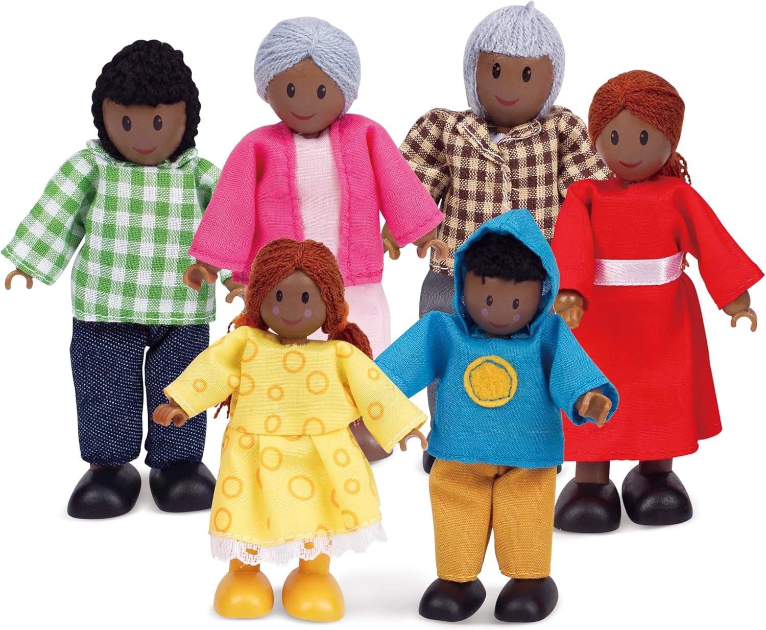 Hape Doll Family - Juego de accesorios para casa de muñecas de cuero oscuro de 6 piezas con figuras de madera y tela, juego de simulación, juguete educativo, juguete de aprendizaje interactivo para niños de 3 años en adelante