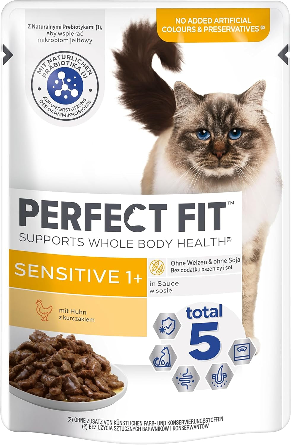 Comida húmeda para gatos Perfect Fit Sensitive 1+ con pollo en salsa, 12 sobres, 12 x 85 g - Comida húmeda premium para gatos sensibles a partir de 1 año, sin trigo ni soja, para favorecer la digestión