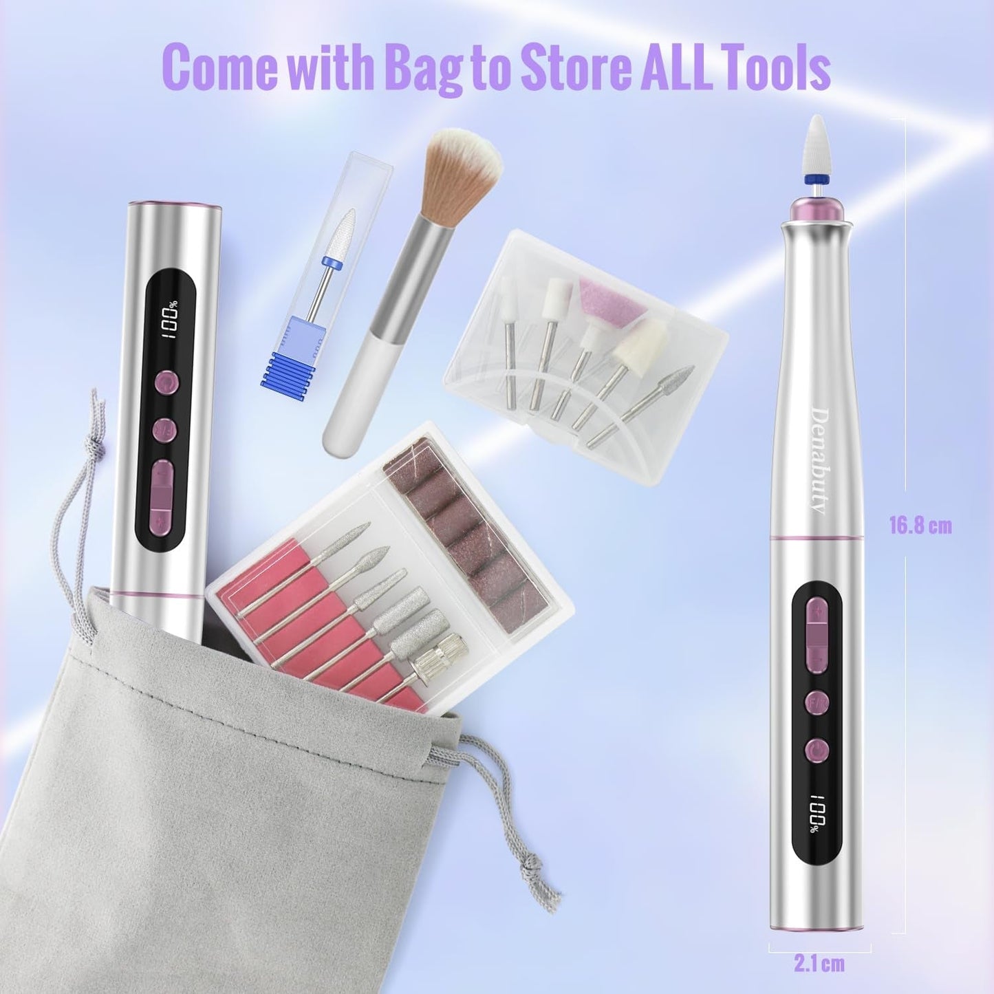 Denabuty Nagelfräser Kabellos, 13 en 1 Fräser Für Gelnägel 35000 U/Min, Elektrische Nagelfeile Professionell Nail Drill, Maniküre Und Pedicüre Set Elektrisch Für Semi Permanent, Acrylnägel DN-2402