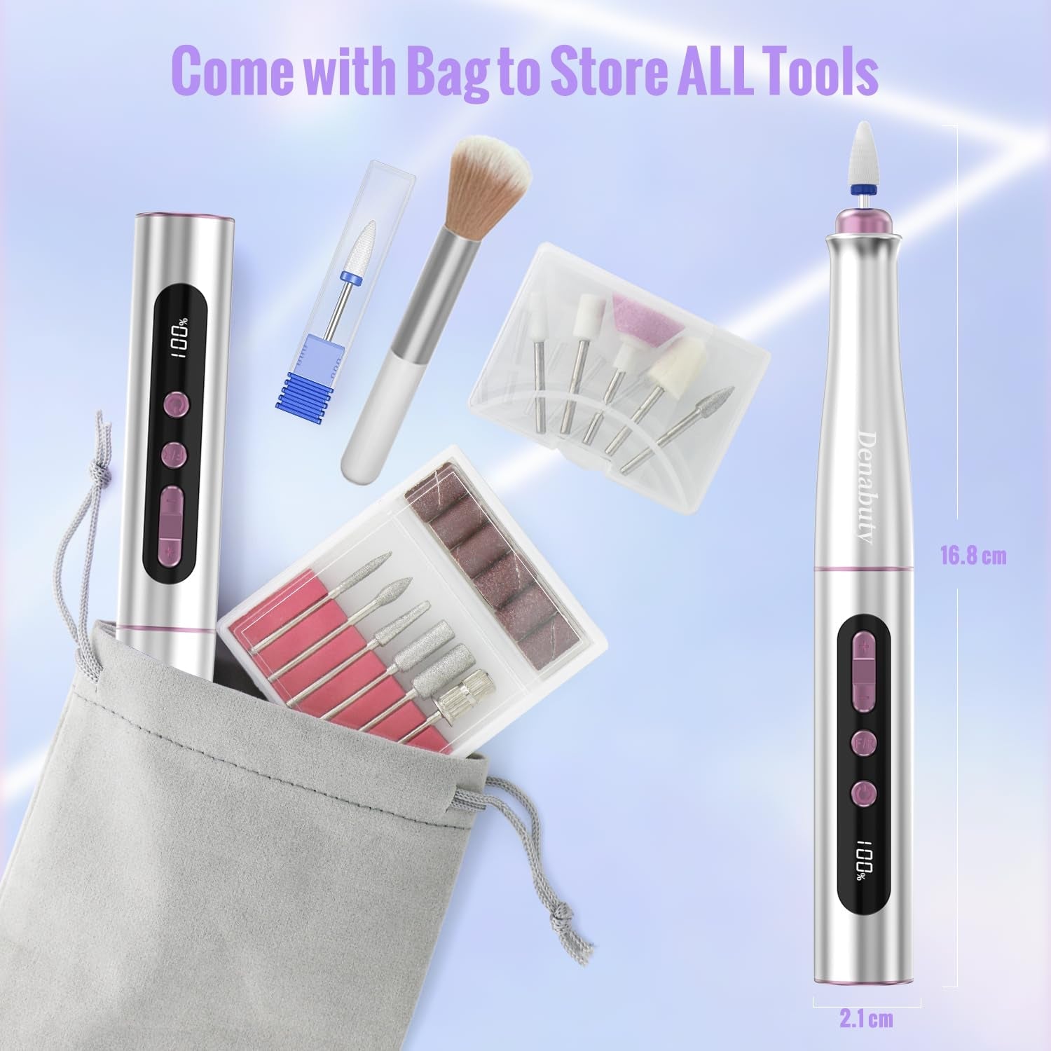 Denabuty Nagelfräser Kabellos, 13 en 1 Fräser Für Gelnägel 35000 U/Min, Elektrische Nagelfeile Professionell Nail Drill, Maniküre Und Pedicüre Set Elektrisch Für Semi Permanent, Acrylnägel DN-2402