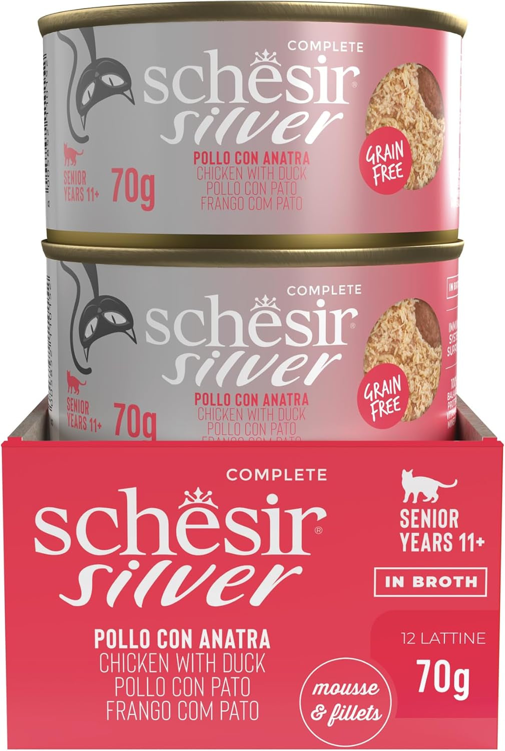 Silver Pollo con Mousse de Pato y Filetes, Alimento Húmedo Completo para Gatos Mayores, Sin Cereales, Apoyo Inmunológico, Fuente de Humedad, 12 x 70 g