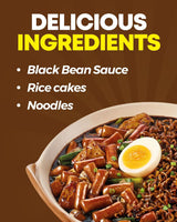 NONGSHIM Rapokki (Jjajang, 400 ml): auténtica comida callejera coreana, ramen y pasteles de arroz, frijoles negros; rápido y fácil de preparar, listo en 4 minutos