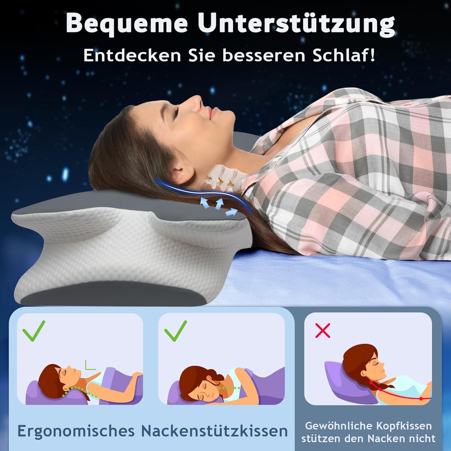 Almohada viscoelástica Almohada para el cuello Almohada ortopédica: diseño ergonómico Forma hueca para personas que duermen de lado, boca arriba y boca abajo Gris Almohadas ortopédicas cervicales Naty Shop