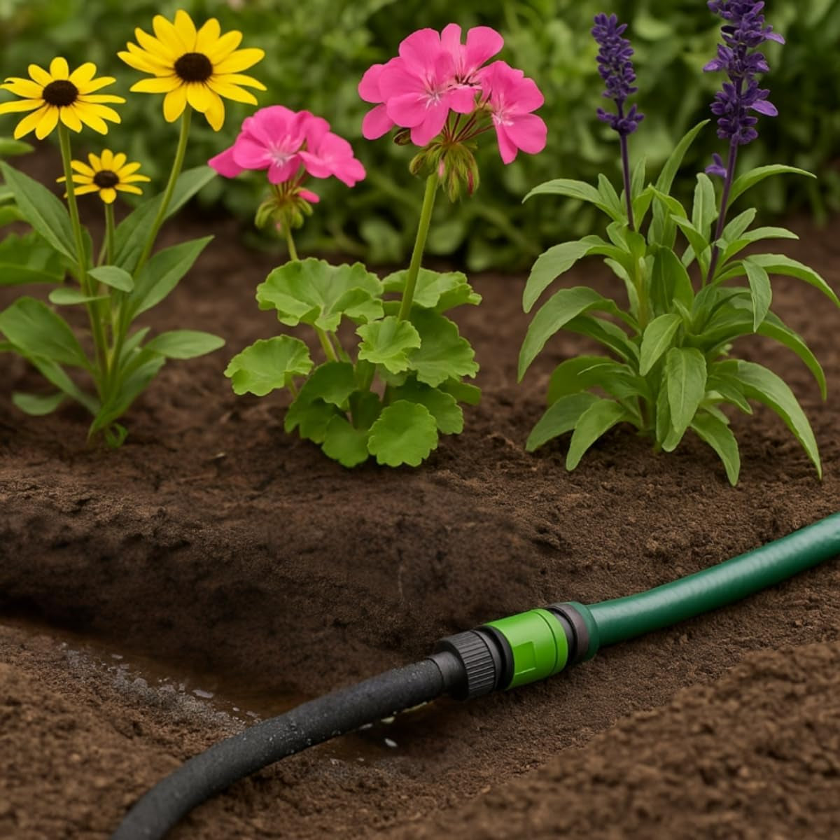 Kinzo Manguera de Goteo 15M Ø14mm - Manguera de Jardín con 3 Acopladores - Manguera de Jardín Ahorro de Agua para Sistemas de Pulverización - Manguera Negra