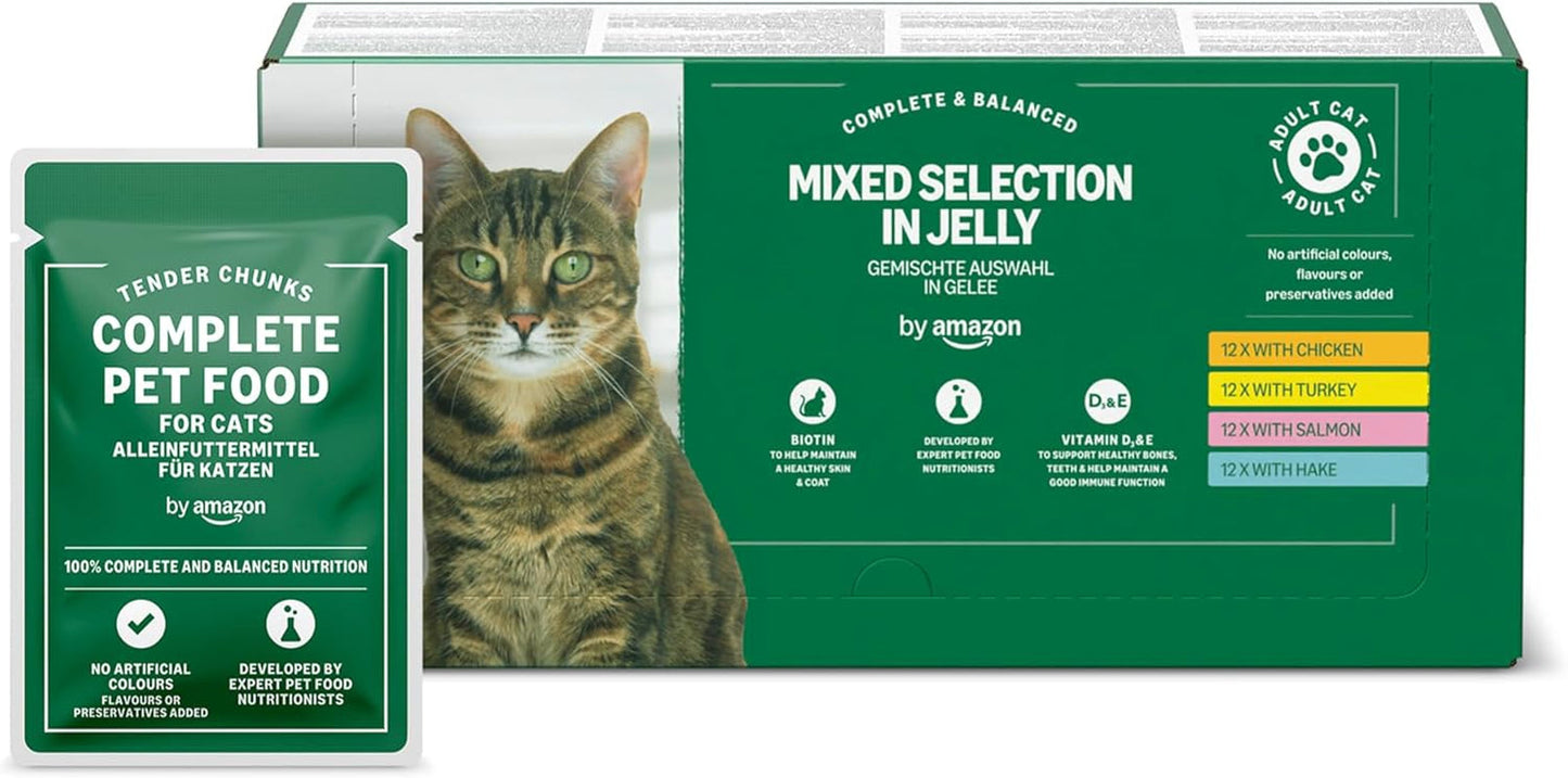 Amazon Comida húmeda para gatos adultos sin cereales Selección mixta en gelatina 4,8 kg (48 paquetes de 100 g cada uno)