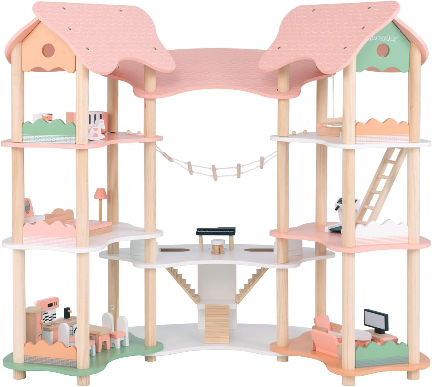 FANTASK Casa de Muñecas de Madera, Casa de Muñecas de 85 cm de Altura, 7 Habitaciones con 32 Muebles y Accesorios, Casa de Muñecas con Escalera de Cuerda, Casa de Muñecas Regalo para Niñas de 3 Años (Modelo 3) Naty Shop Casas de Muñecas Título Predeterminado