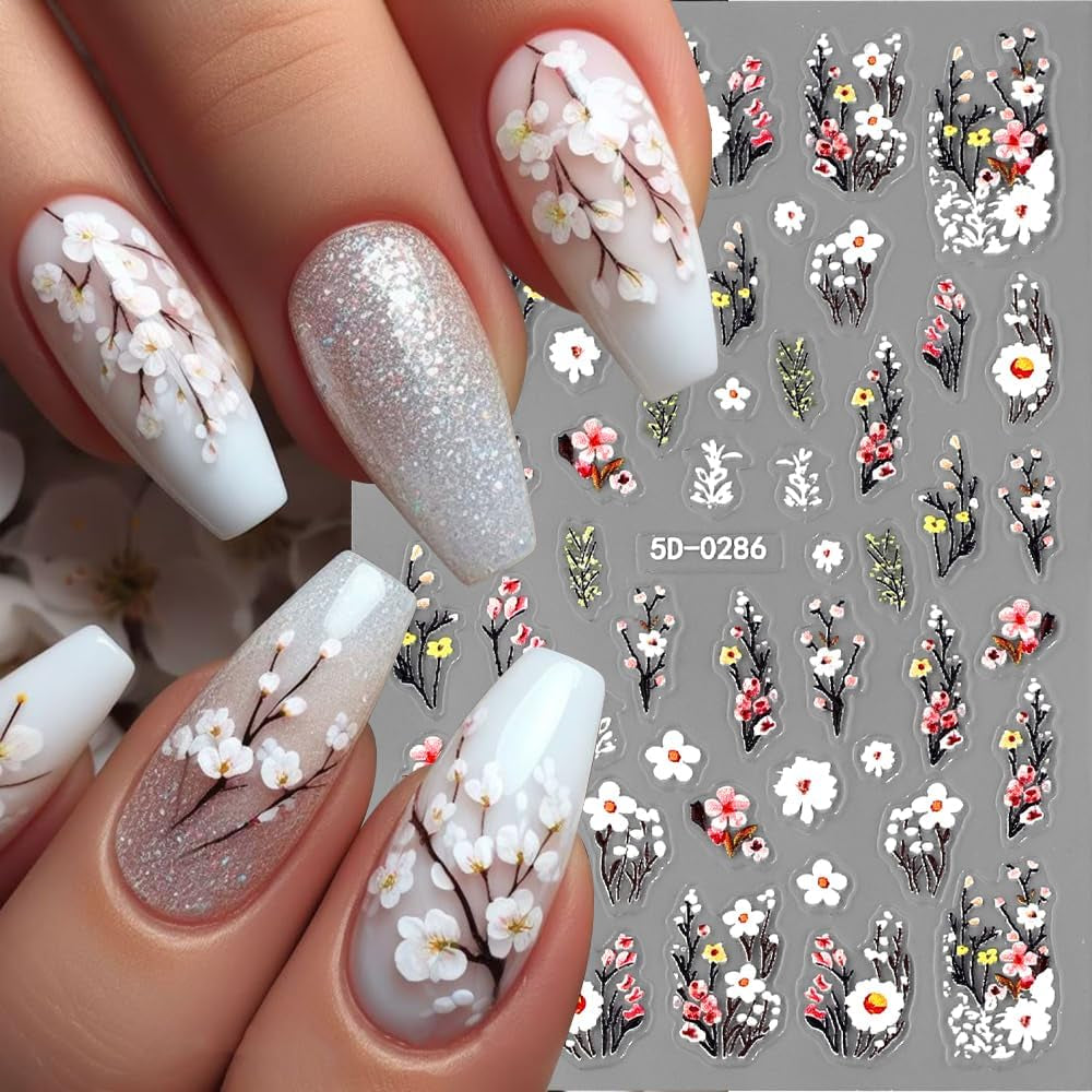 Calcomanías De Uñas De Flor De Ciruelo, Calcomanías De Uñas De Flor Rosa Blanca, Calcomanías De Uñas De Flor En Relieve, Calcomanías De Uñas De Flor De Primavera Verano, Diseños De Uñas, Accesorios De Uñas, Arte De Uñas