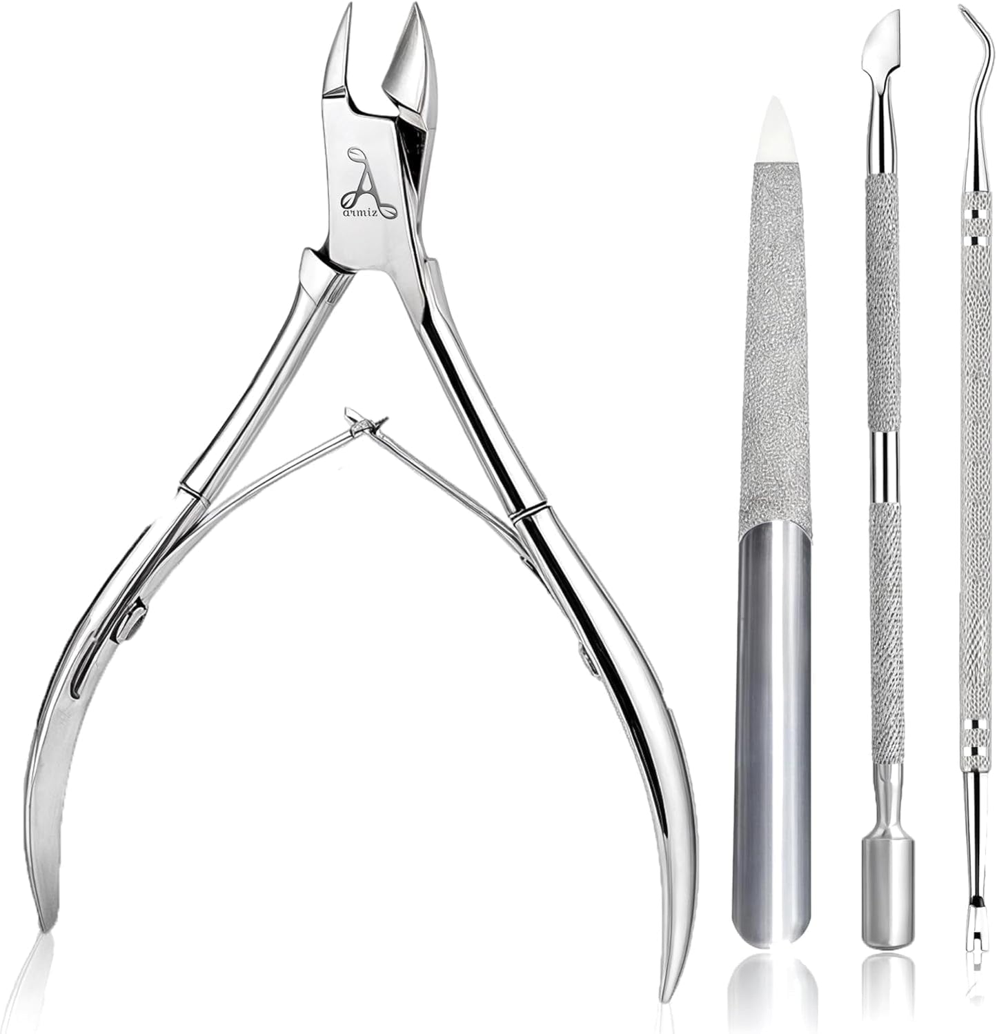 ARMIZ Juego de alicates y empujador de cutículas de 4 piezas, juego de herramientas profesionales para quitar cutículas, alicates multiusos para manicura y pedicura de acero inoxidable