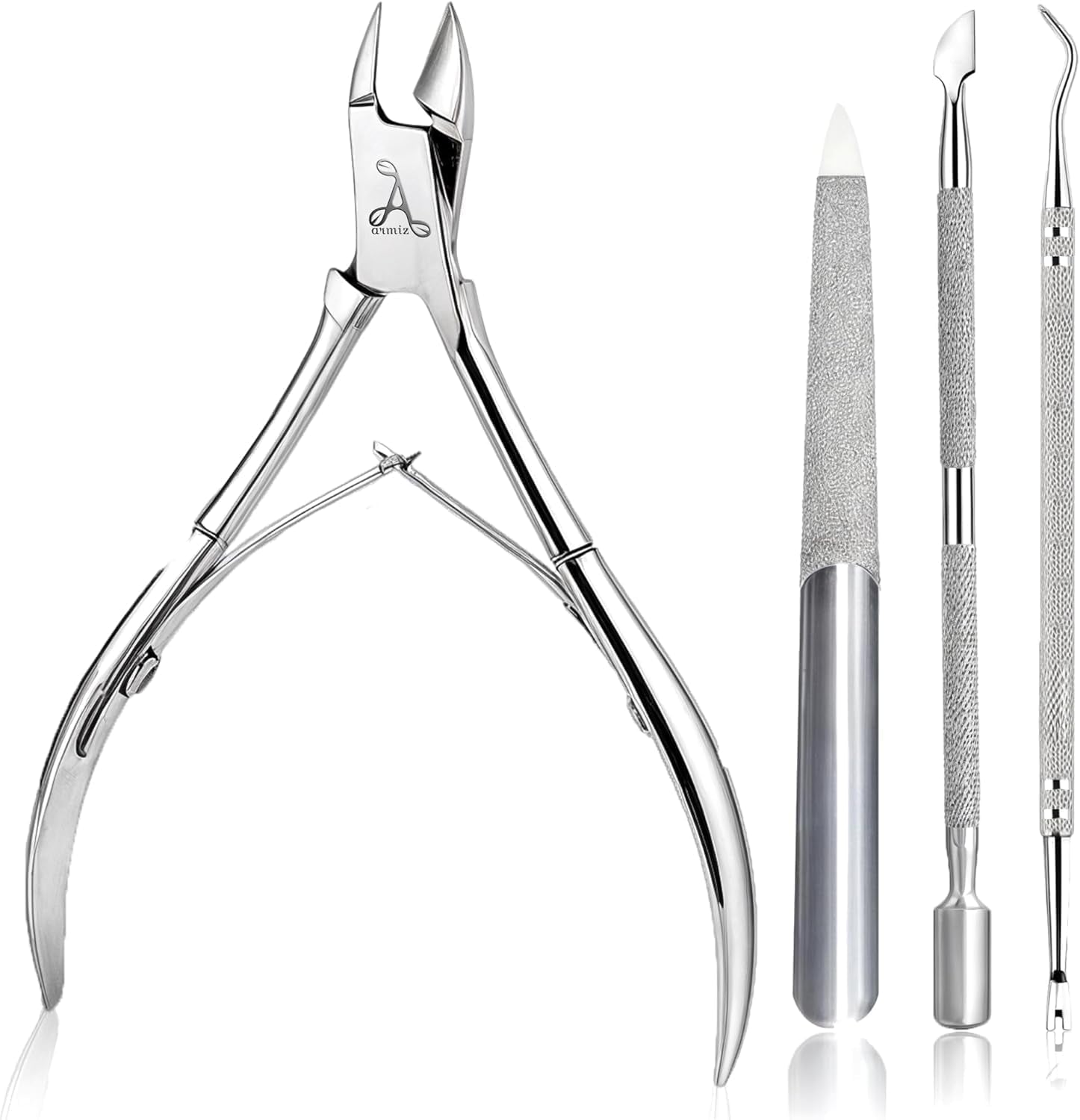 ARMIZ Juego de alicates y empujador de cutículas de 4 piezas, juego de herramientas profesionales para quitar cutículas, alicates multiusos para manicura y pedicura de acero inoxidable