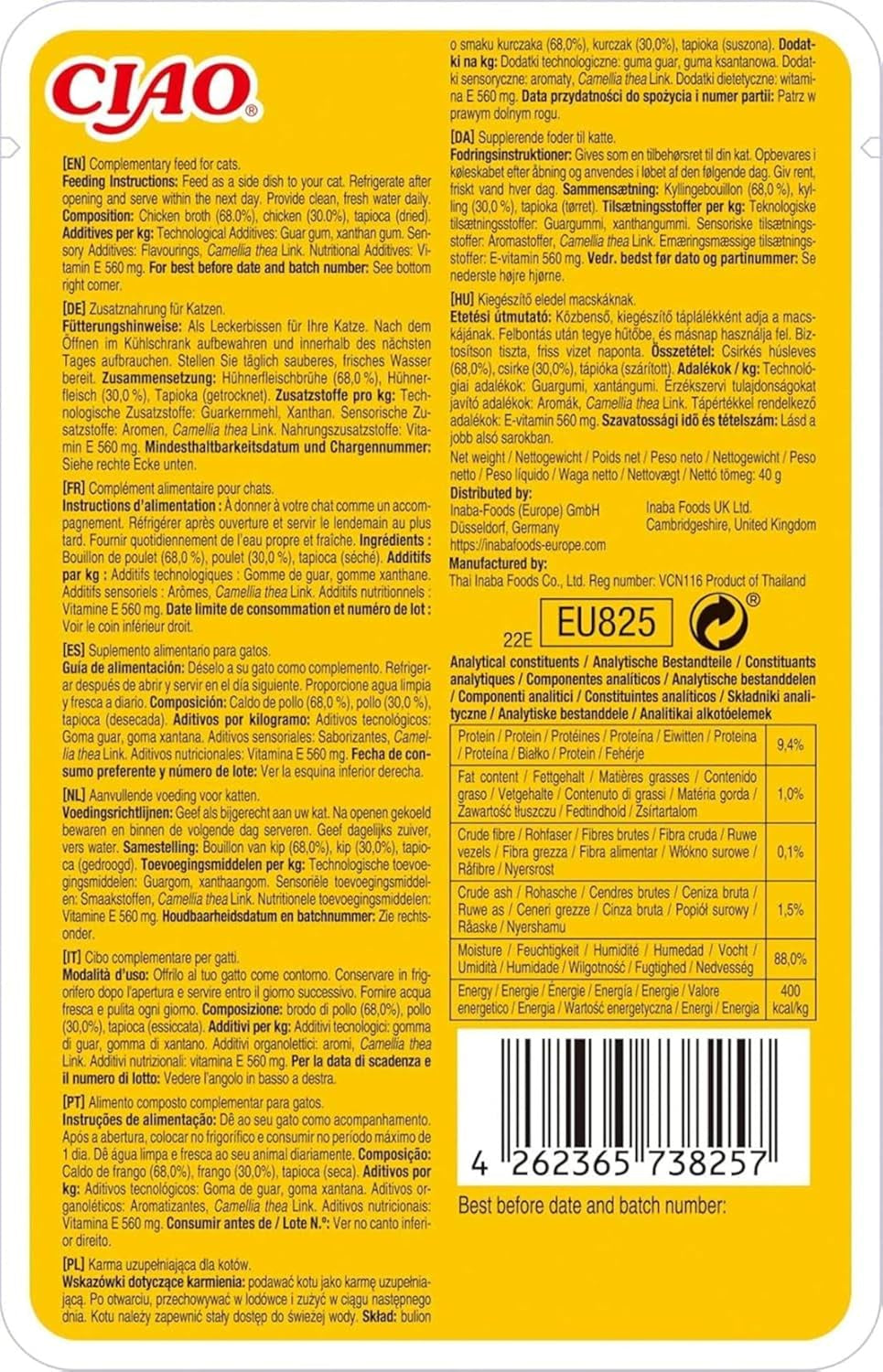 INABA Ciao Caldo Comida húmeda para gatos 88% humedad y vitamina E, sopa premium para gatos con pollo 40g (pack de 12), carne 100% natural, sin cereales, sin azúcar