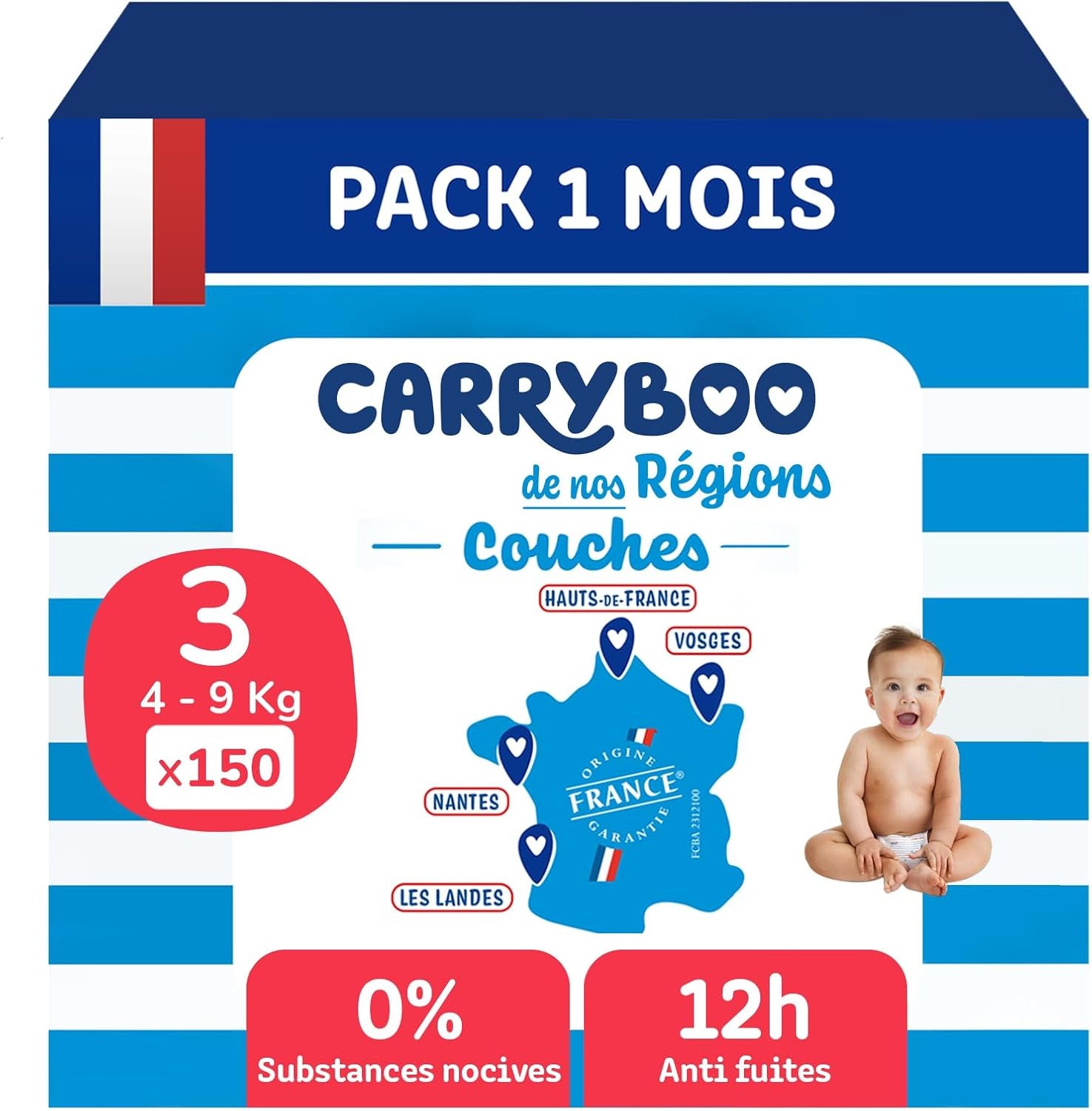 - Pañales talla 3 (4-9 kg) - saludables y muy absorbentes - 12 horas a prueba de fugas - sin sustancias no deseadas - fabricado en Francia - precio asequible - 150 pañales desechables