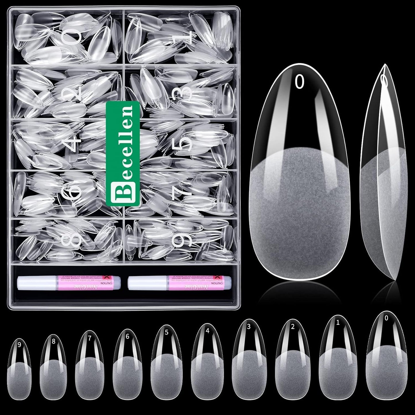 Becellen 500 puntas de uñas artificiales, puntas de uñas de gel suave, cobertura completa, puntas de uñas de gel, uñas artificiales prepulidas, juego de pegamento para decoración de uñas (almendras)