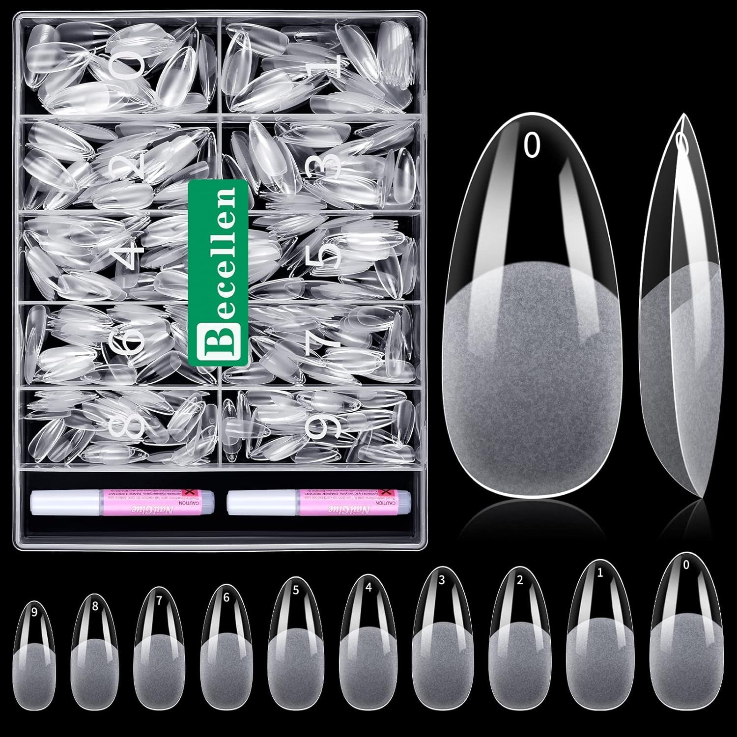 Becellen 500 puntas de uñas artificiales, puntas de uñas de gel suave, cobertura completa, puntas de uñas de gel, uñas artificiales prepulidas, juego de pegamento para decoración de uñas (almendras)