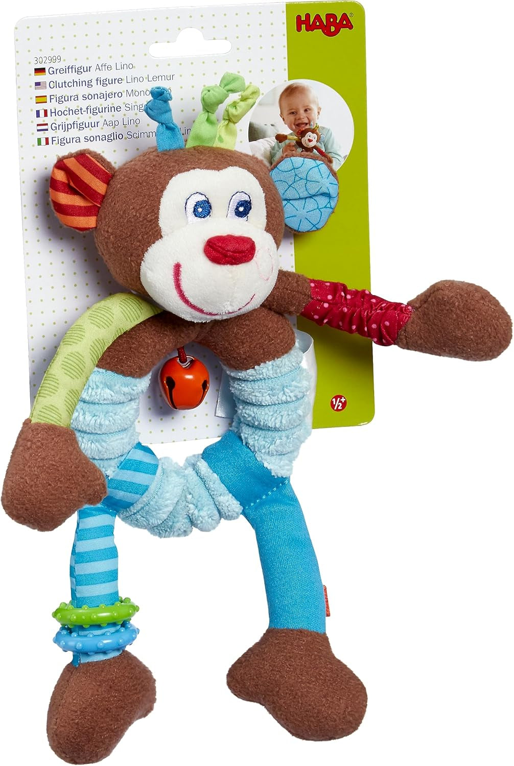 HABA 302999 - Mono Lino, peluche con muchos efectos para jugar y descubrir, juguete para niños a partir de 6 meses Juguetes Bebe Naty Shop