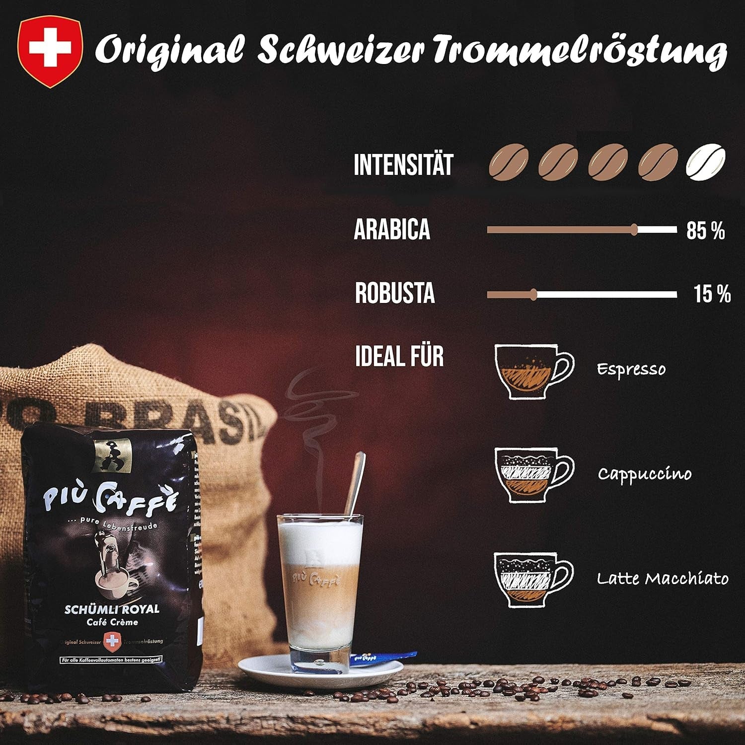 Café Crème Kaffeebohnen, würzig, kräftig, intensiv und gehaltvoll, Arábica y Robusta, Schweizer Trommelröstung, ganze Bohnen für Volllautomaten Schümli Royal 1 kg