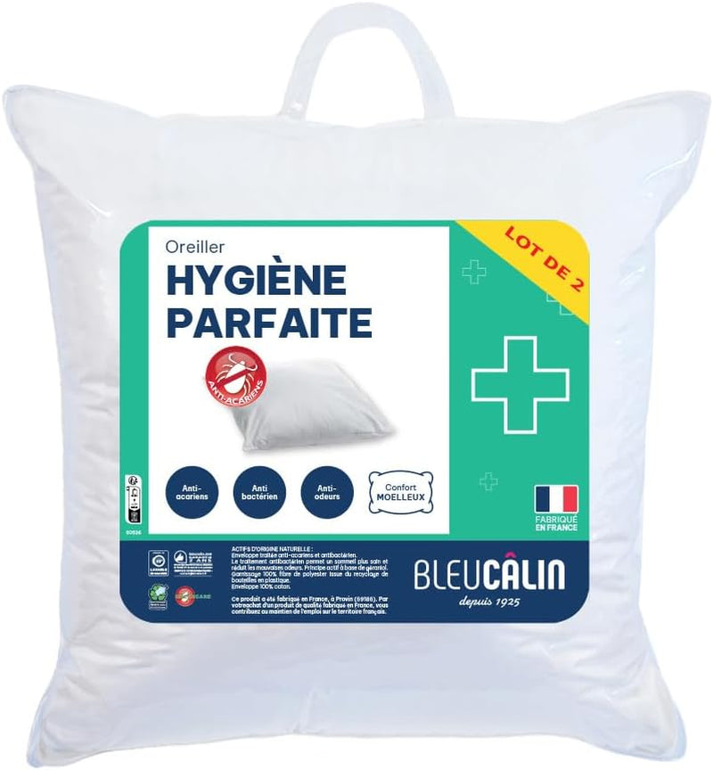 Bleu Câlin Juego de 2 almohadas rectangulares antiácaros, antibacterias, mullidas confort, T 60X60 Cm, 100% algodón, surtido higiene perfecta Naty Shop almohadas estándar