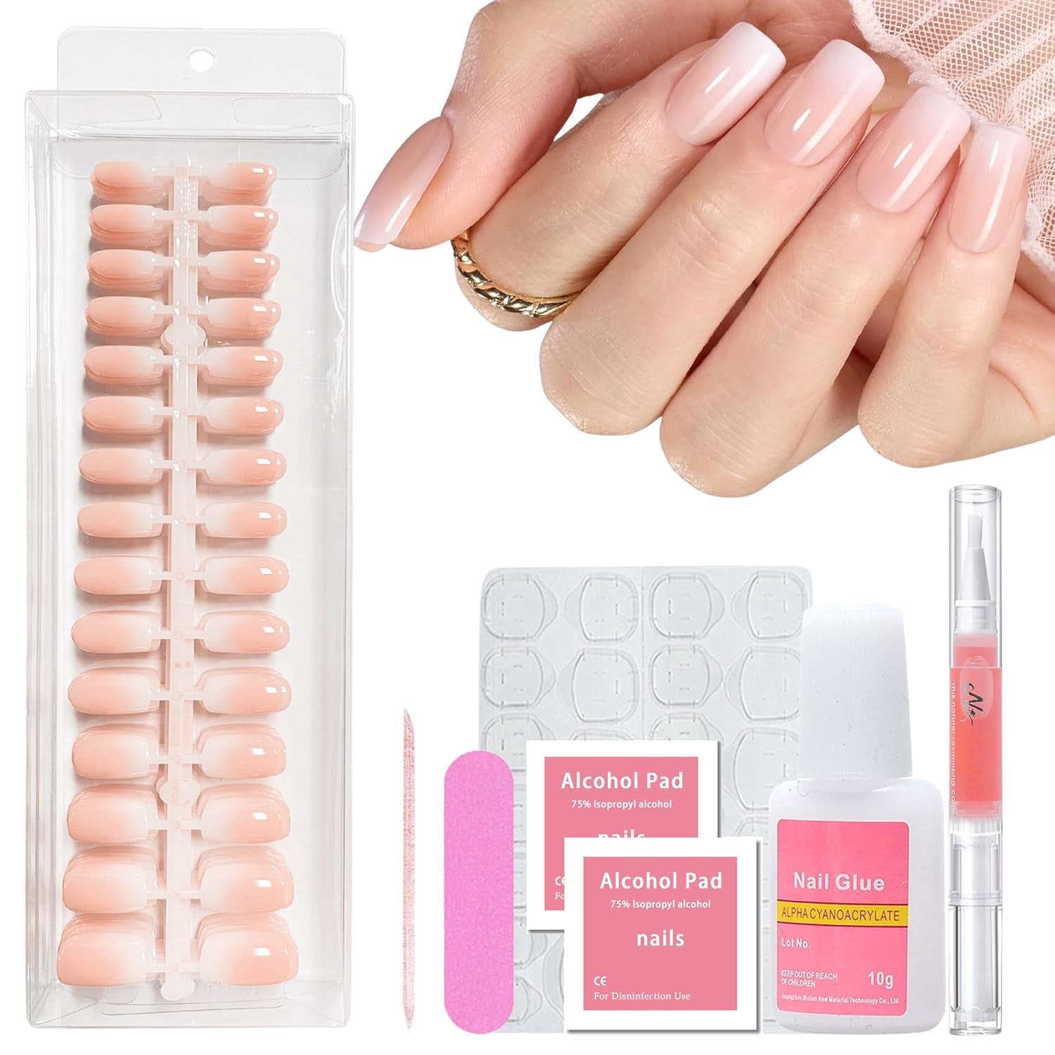 Juego de 240 uñas cuadradas degradadas, uñas artificiales degradadas blancas desnudas para pegamento de pluma de aceite, uñas postizas naturales degradadas medias para mujeres DIY (cuadradas desnudas)