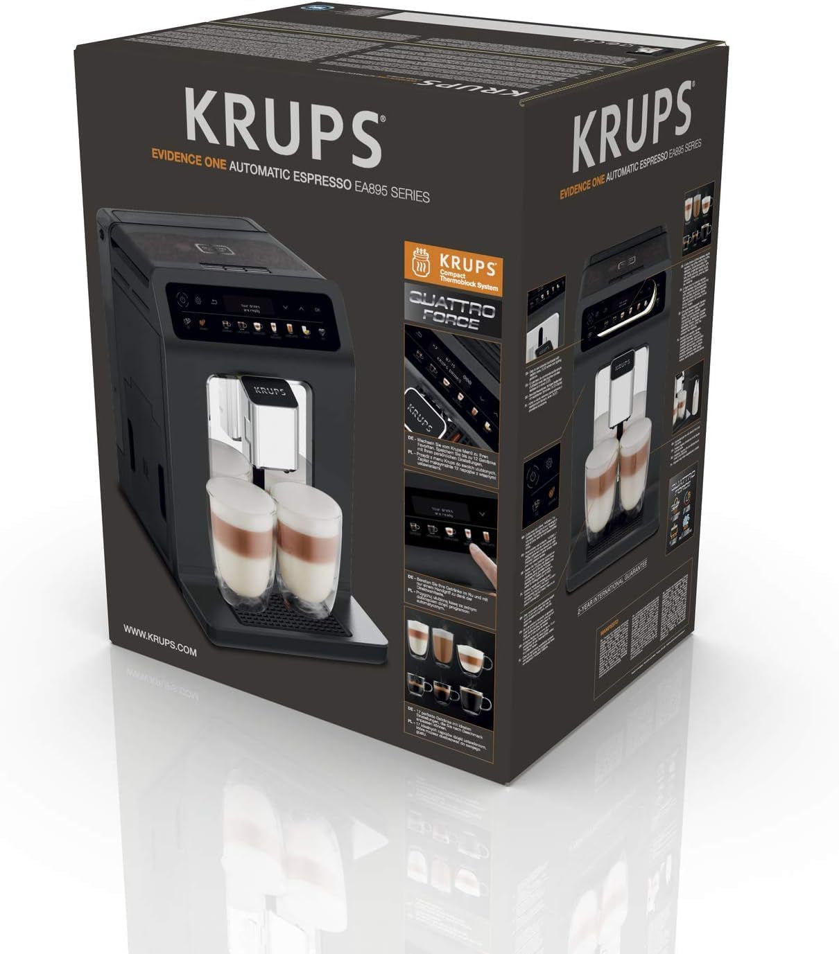 KRUPS Evidence One Cafetera espresso automática con manguera para leche, capuchino de un toque, 12 bebidas especiales, función de 2 tazas, pantalla a color, cafetera espresso, certificado TÜV, negra, EA895N10