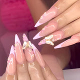 Mouyouglow-uñas largas Stiletto, color blanco lechoso, degradado, purpurina rosa, uñas postizas frescas con pegamento, uñas artificiales con purpurina rosa ombré