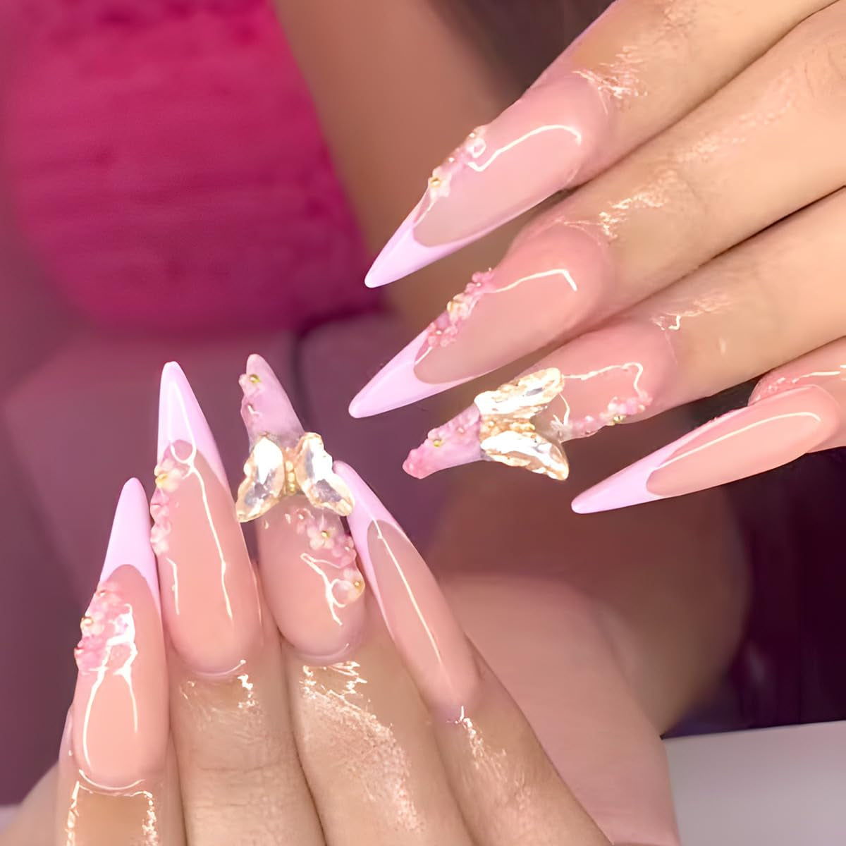 Mouyouglow-uñas largas Stiletto, color blanco lechoso, degradado, purpurina rosa, uñas postizas frescas con pegamento, uñas artificiales con purpurina rosa ombré