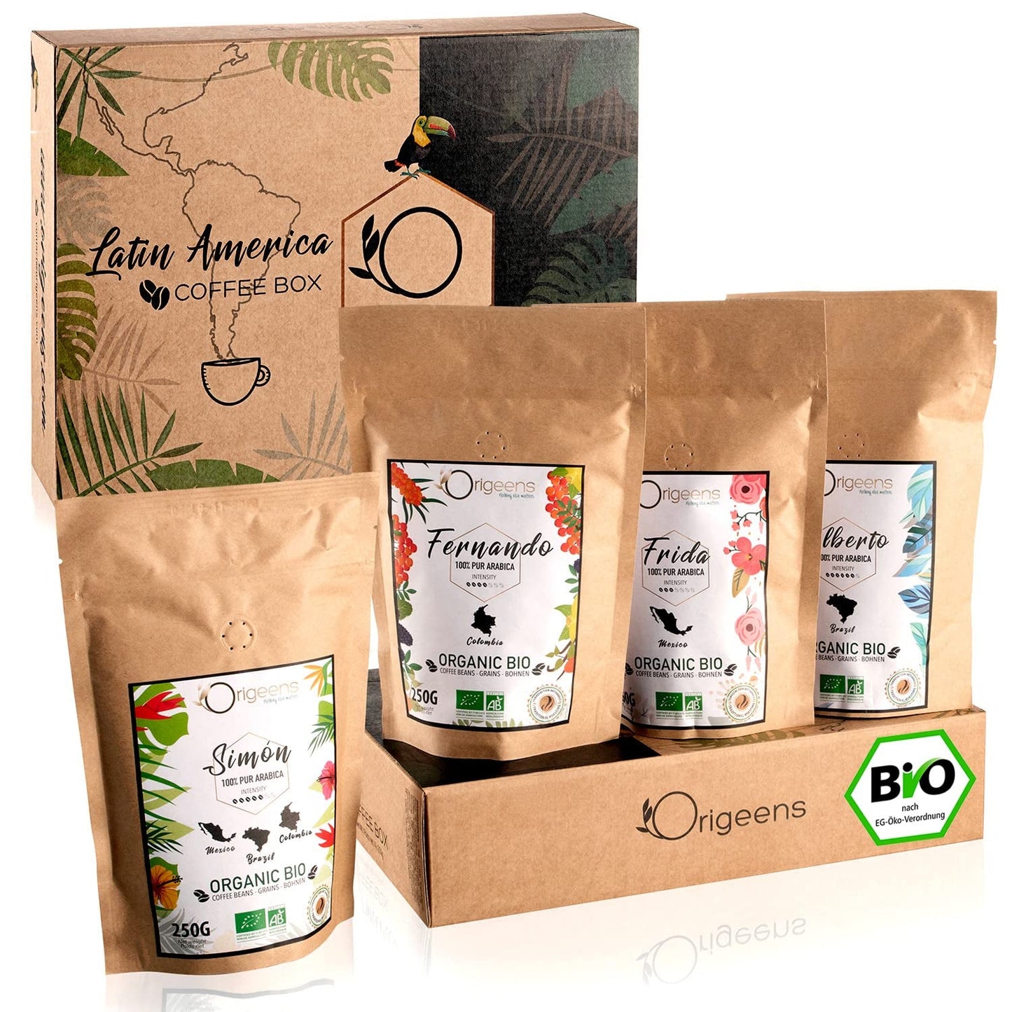 ORIGEENS Bio Café Probierset 1kg | Premium Bio Arábica Kaffee Ganze Bohnen Set 4x250g | Rostung tradicional | Kaffee Geschenkset