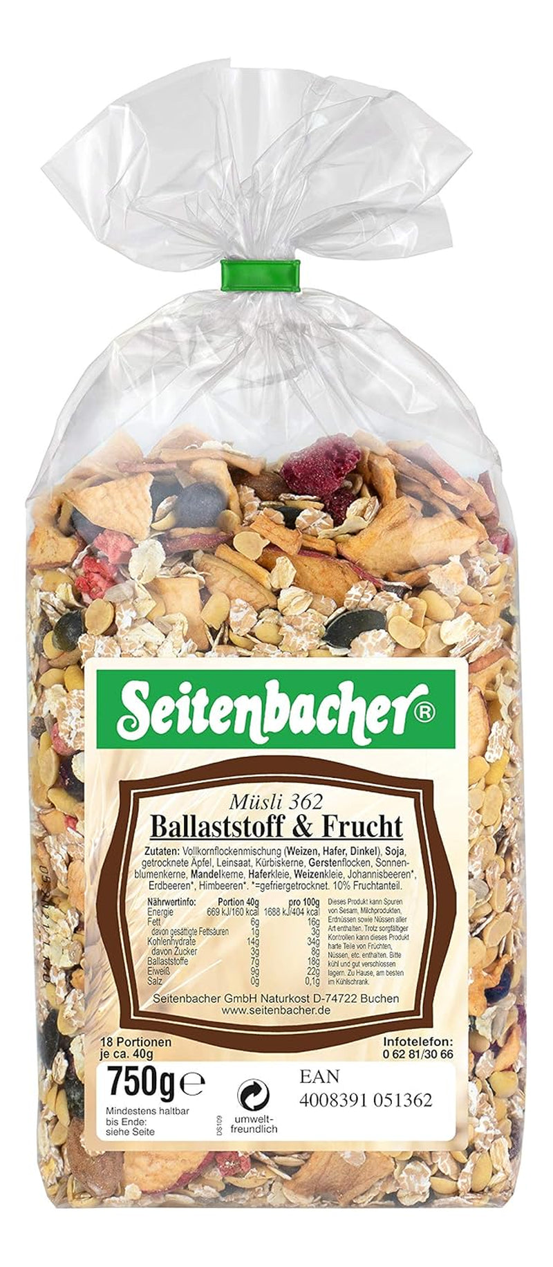 Seitenbacher Müsli Ballaststoff Und Frucht I Ohne Zugesetzten Zucker I Ohne Zugesetztes Fett I (1 X 750 G) Cereales Naty Shop 1