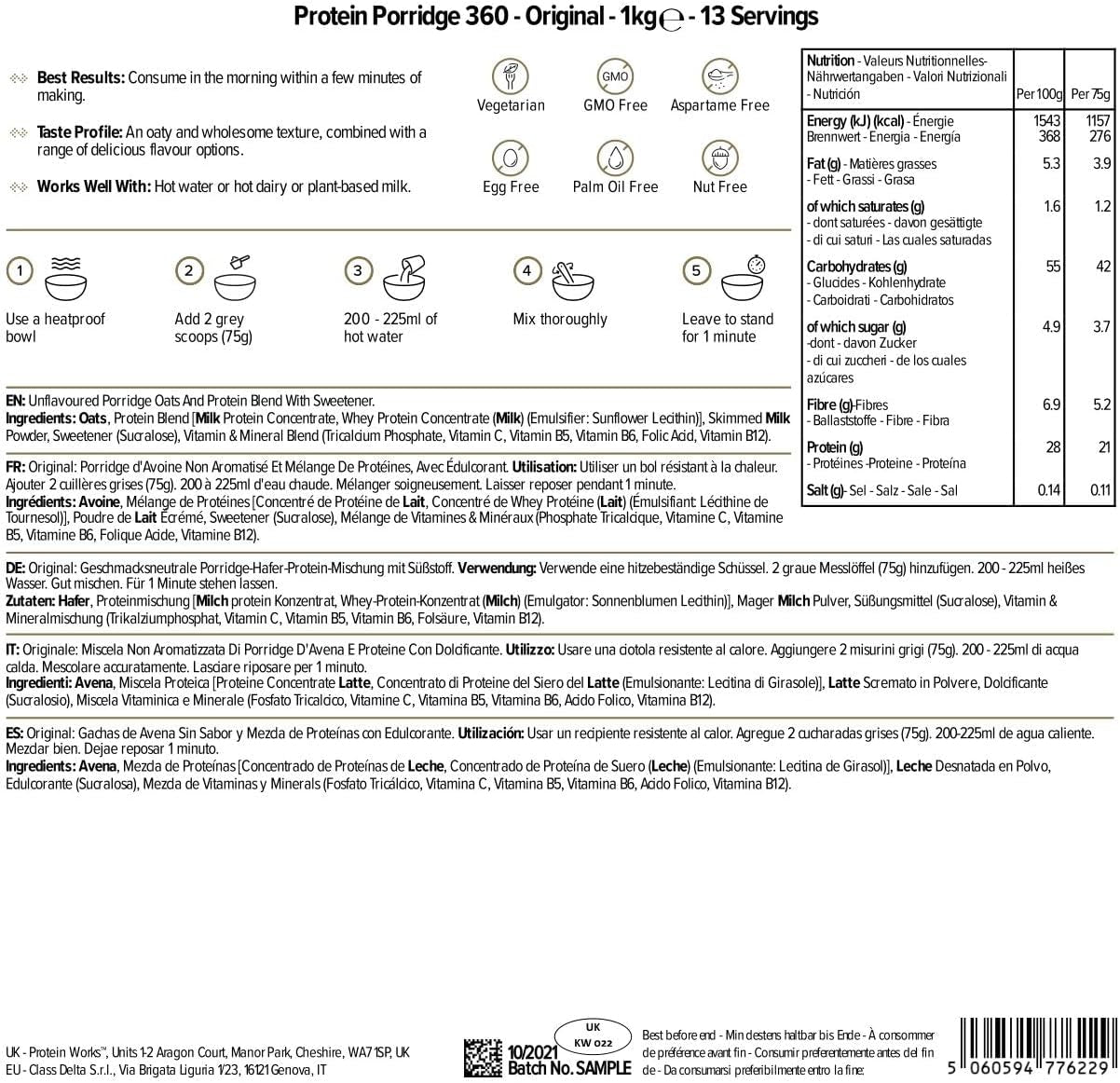 Protein Works - Gachas proteicas 360 | Mito Vitaminas y minerales adicionales | Proteinreiches Frühstück | Kalorienarme Haferflocken | 13 porciones | Naturalmente | 1Kg Cereal Naty Tienda
