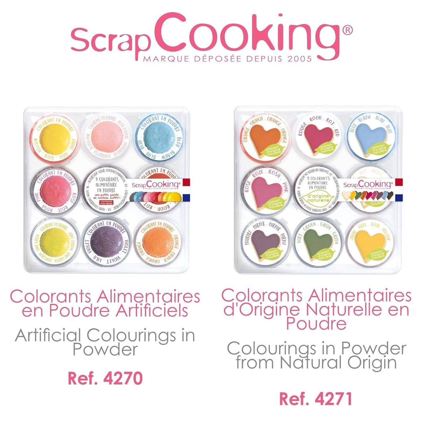 Scrapcooking - Juego de 9 colorantes alimentarios en polvo - Azul, Amarillo, Rosa, Púrpura, Naranja, Verde lima, Rojo, Rosa empolvado, Negro - Colorante en polvo comestible para tartas, muffins, macarons - 4270