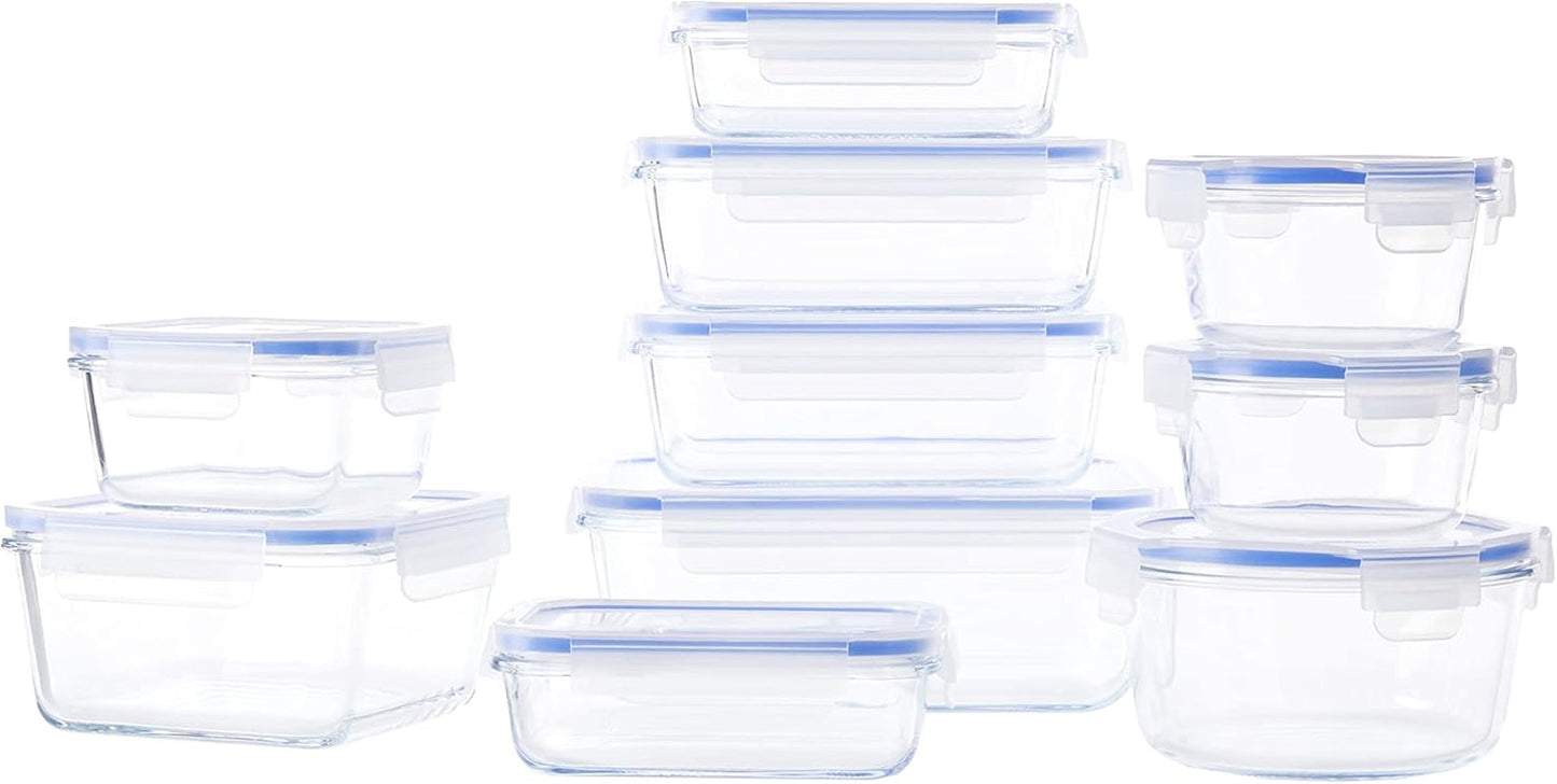 Amazon Basics Recipientes de vidrio para alimentos con tapa, paquete de 20 (10 recipientes + 10 tapas), cajas de almacenamiento de alimentos azul transparente sin BPA Naty Shop 20 individuales