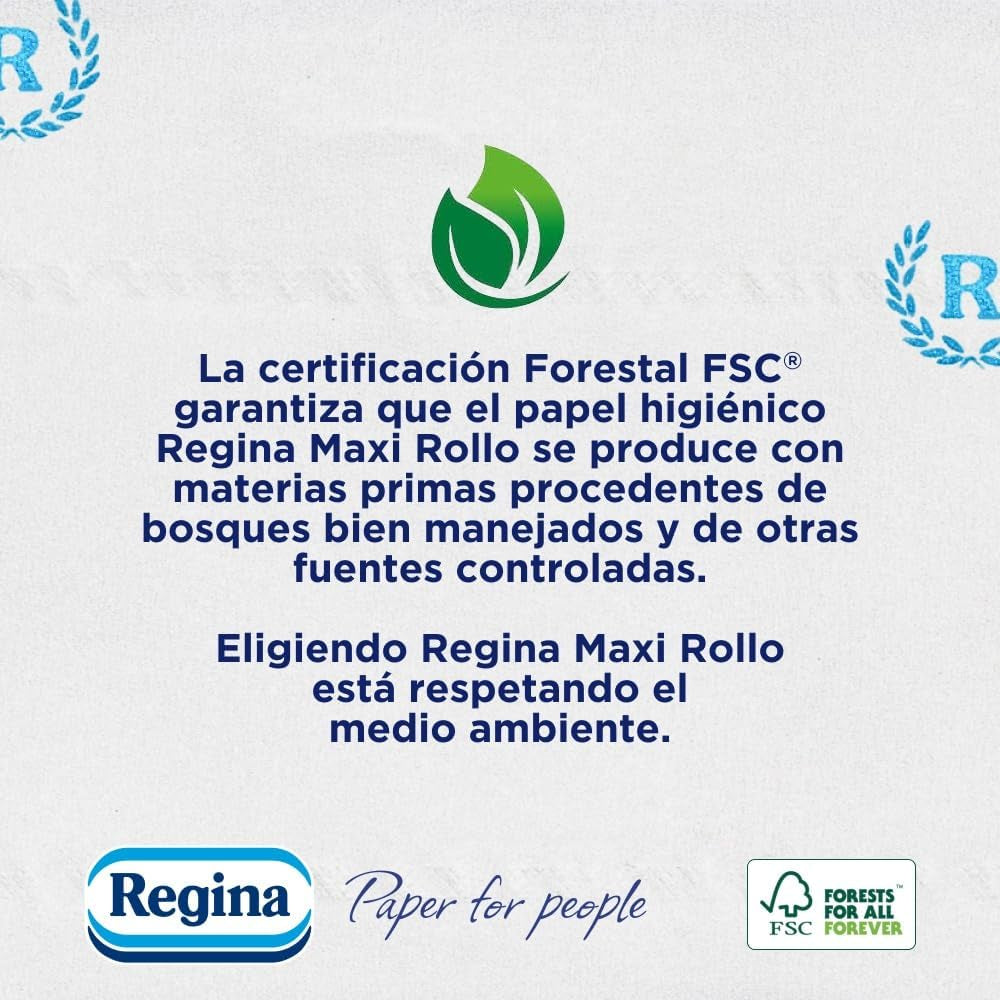 Regina Maxi Roll: 4 rollos de papel higiénico, 500 hojas de 2 capas por rollo, más de tres veces un rollo estándar, embalaje de plástico 60 % reciclado, papel 100 % certificado Fsc