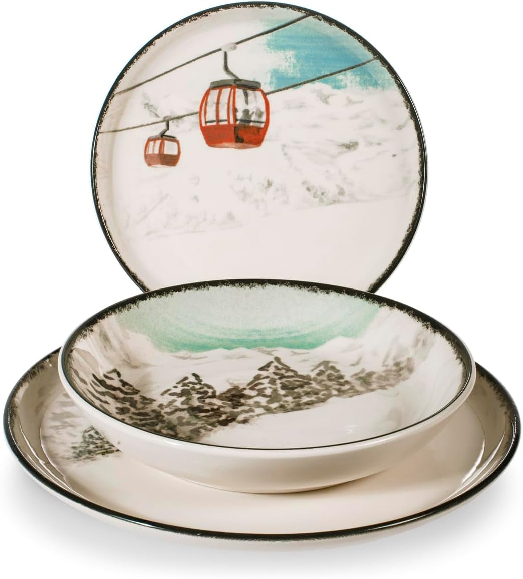 Winter Escape Juego de vajilla navideña de gres de 12 piezas - Diseño nórdico de esquiador de invierno - Apto para lavavajillas y microondas