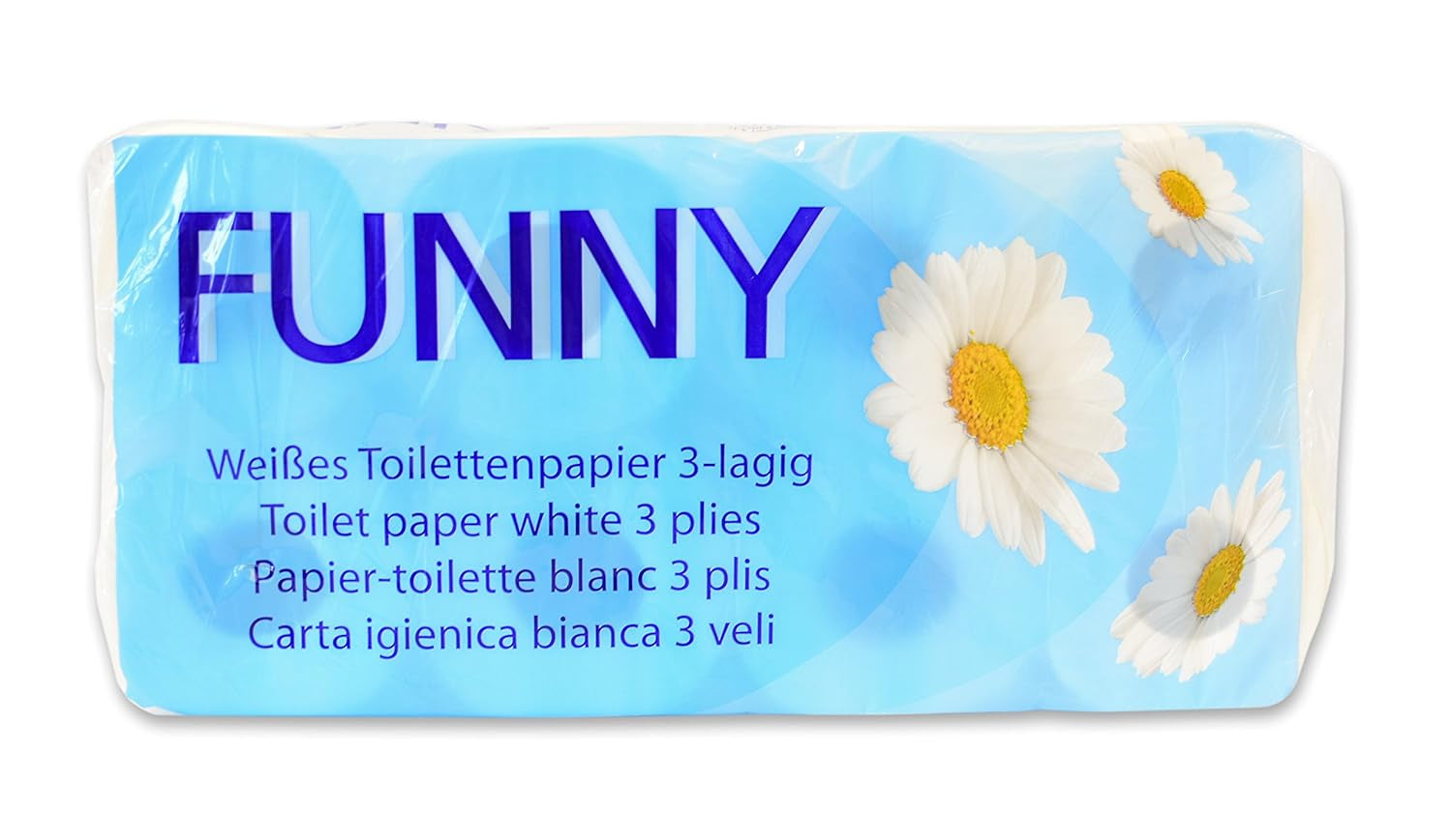 Papel higiénico Funny AG-014, 3 capas, 250 hojas, 9,5 cm x 11 cm, blanco, paquete individual de 8 rollos