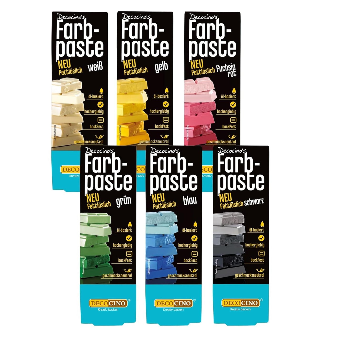 Decocino Pasta colorante liposoluble Set de 6 - 6 x 15 g - Colorante alimentario en rojo, blanco, verde, amarillo, azul y negro, ideal para colorear tartas, fondant y cremas - Sin azoicos ni gluten