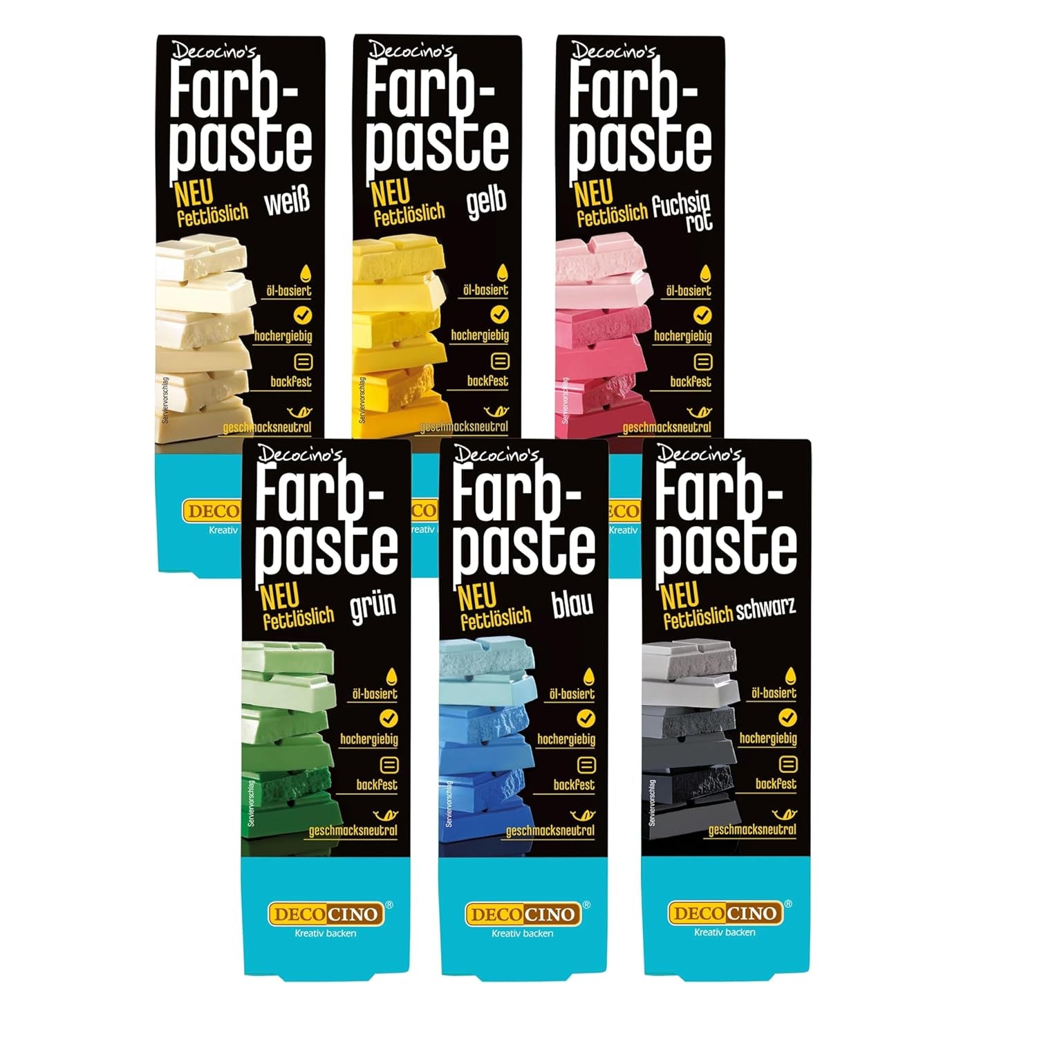 Decocino Pasta colorante liposoluble Set de 6 - 6 x 15 g - Colorante alimentario en rojo, blanco, verde, amarillo, azul y negro, ideal para colorear tartas, fondant y cremas - Sin azoicos ni gluten