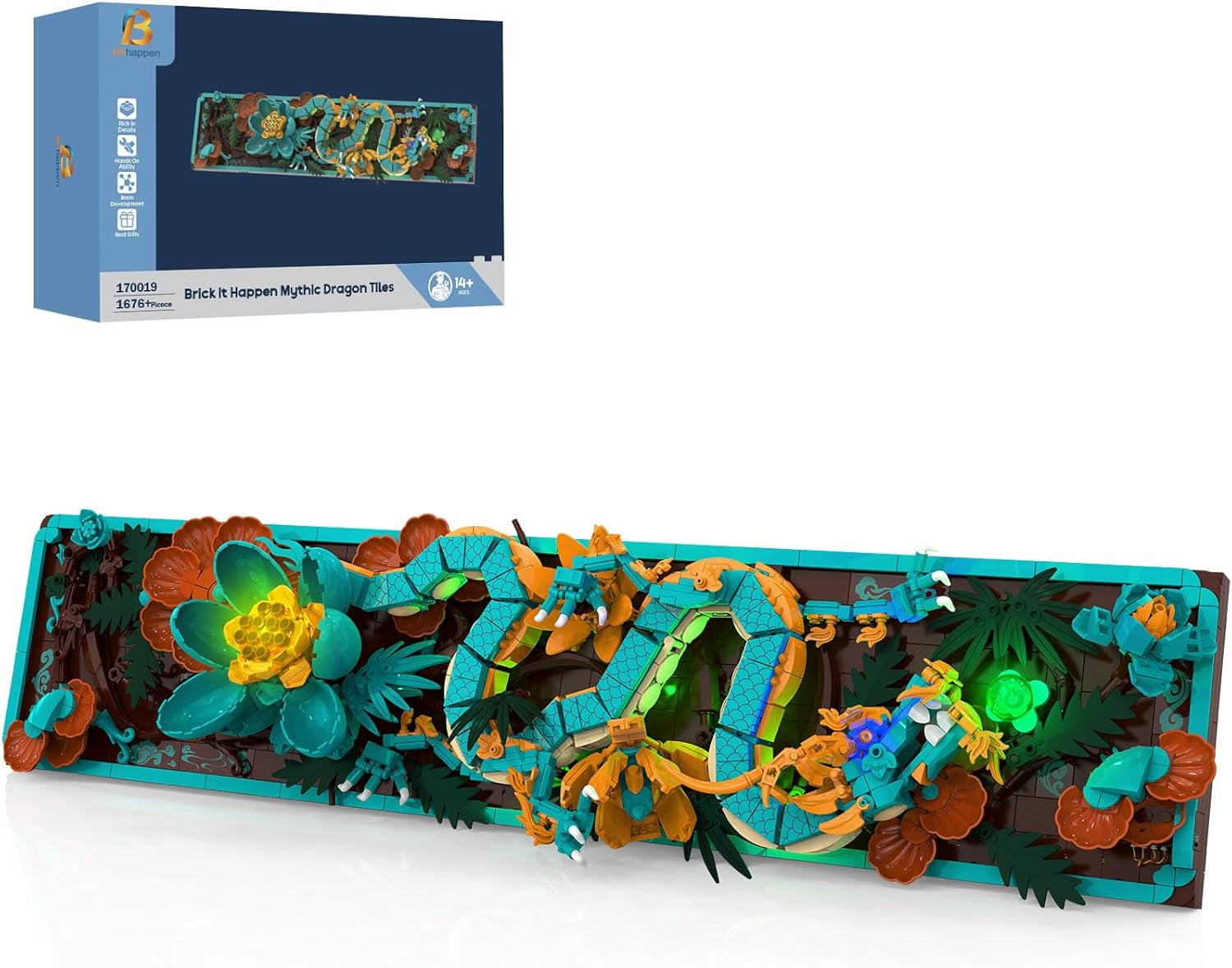 Kit de construcción de azulejos de dragón mítico para adultos, juguete de construcción de arte divino 3D con luces LED y flores, kit de modelo de relieve de dragón, regalos creativos y decoraciones (1676 piezas)