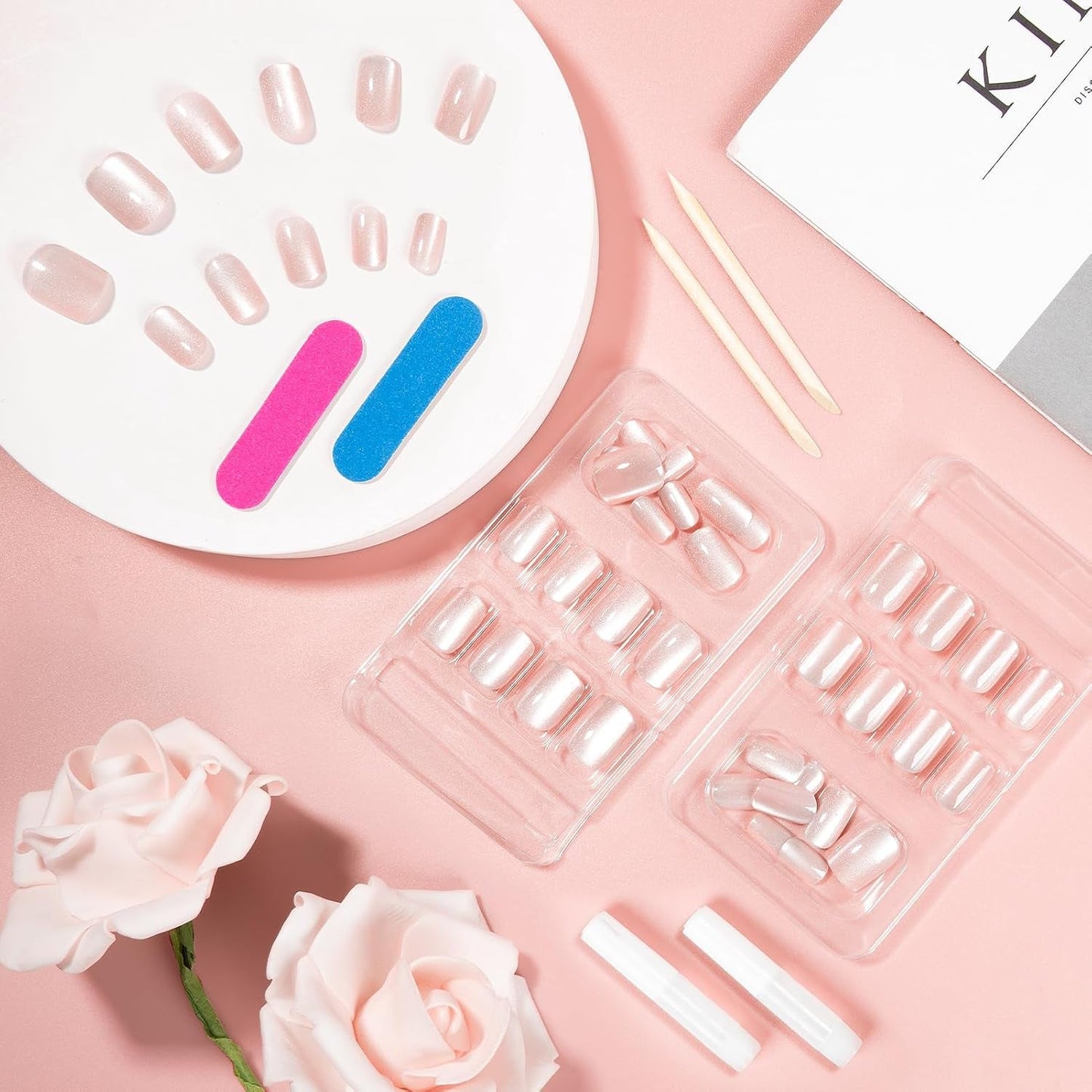 Kiiwah 48 piezas de uñas cuadradas cortas, uñas artificiales rosas, pegamento en puntas de uñas cortas, puntas de uñas postizas
