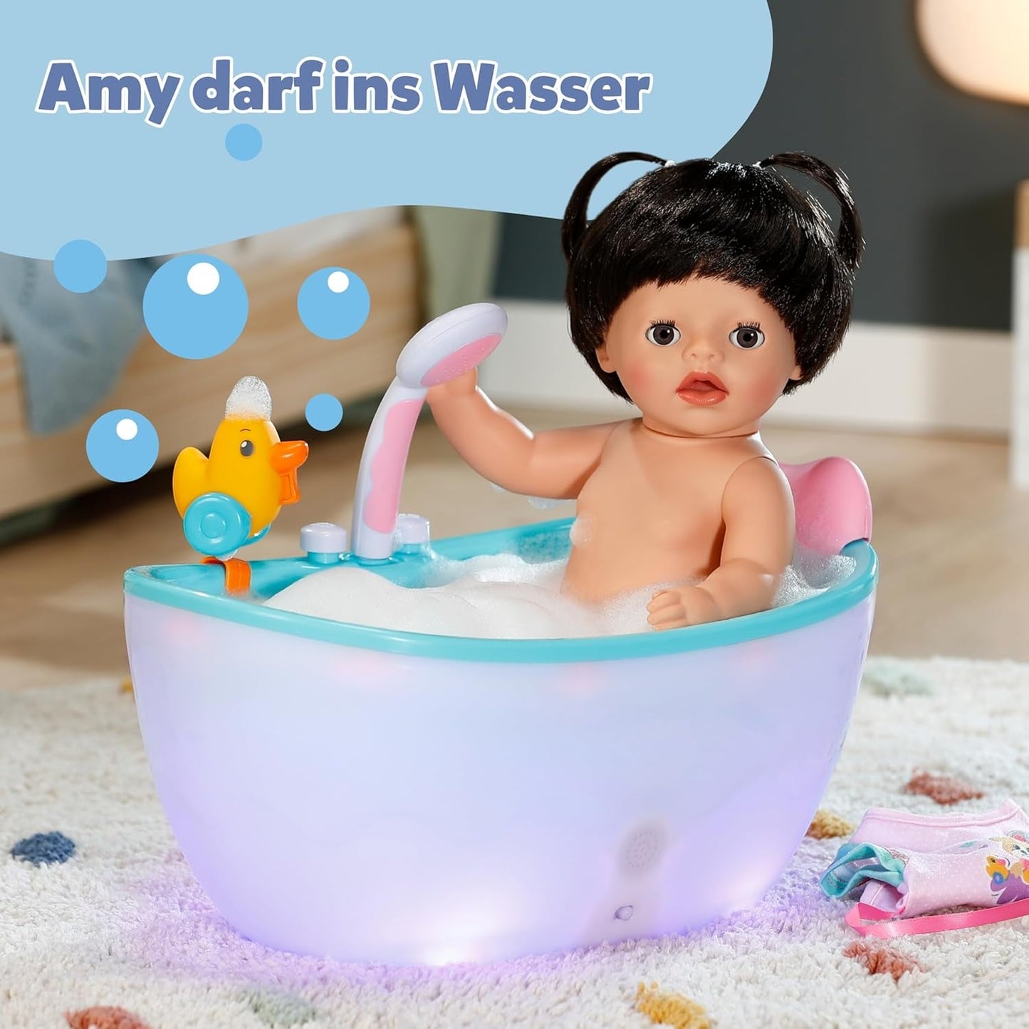 BABY Born Amy - Muñeca 36 cm - Muñeco bebé con 7 funciones para niños a partir de 1 año - Funciona sin pilas - Incluye accesorios y colchón
