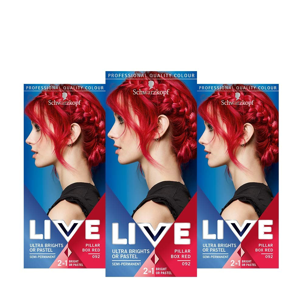 Tinte para el cabello rojo ultra brillante o pastel Live, paquete de 3, color semipermanente que dura hasta 15 lavados - 092 Pillar Box Red Naty Shop Pillar Box tinte para el cabello rojo, paquete de 3 (paquete de 1)