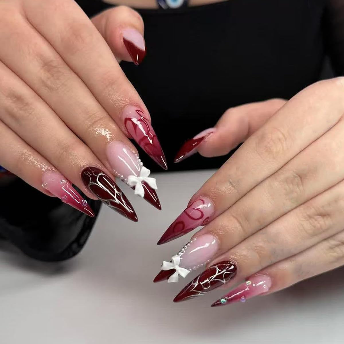 Mouyouglow-uñas largas Stiletto, color blanco lechoso, degradado, purpurina rosa, uñas postizas frescas con pegamento, uñas artificiales con purpurina rosa ombré